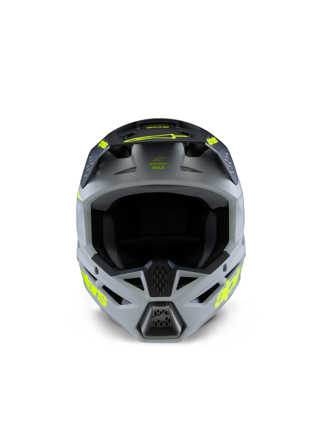 Alpinestars S-M3 Youth Radium Helmet, kask motocrossowy, szary, czarny i żółty neonowy matowy, widok z przodu przedstawiający agresywną kanciastą skorupę, jaskrawożółte logotypy na bokach i daszku, matowe wykończenie stworzone do młodzieżowych wyścigów off-road i MX