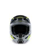 Alpinestars S-M3 Youth Radium Helmet, kask motocrossowy, szary, czarny i żółty neonowy matowy, widok z przodu przedstawiający agresywną kanciastą skorupę, jaskrawożółte logotypy na bokach i daszku, matowe wykończenie stworzone do młodzieżowych wyścigów off-road i MX