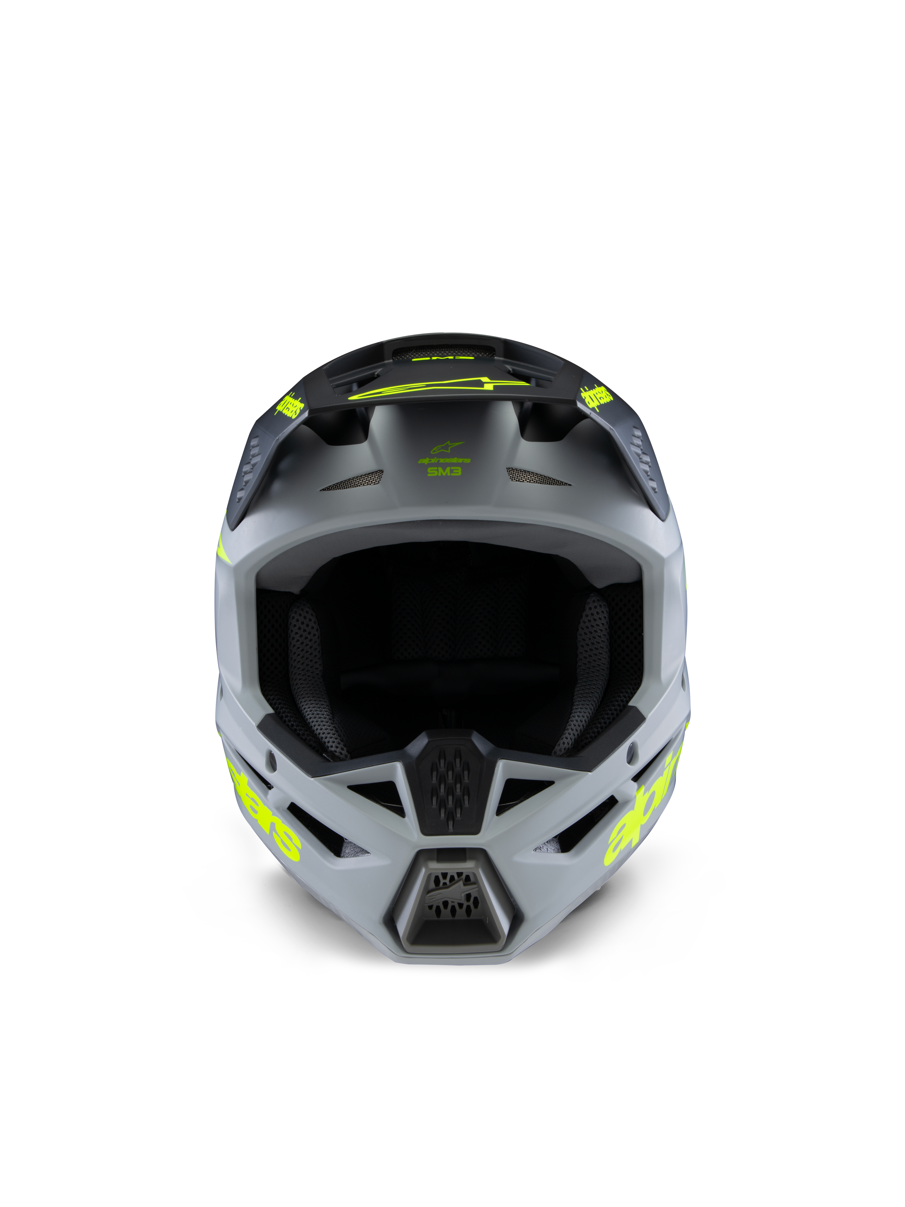 Alpinestars S-M3 Youth Radium Helmet, kask motocrossowy, szary, czarny i żółty neonowy matowy, widok z przodu przedstawiający agresywną kanciastą skorupę, jaskrawożółte logotypy na bokach i daszku, matowe wykończenie stworzone do młodzieżowych wyścigów off-road i MX
