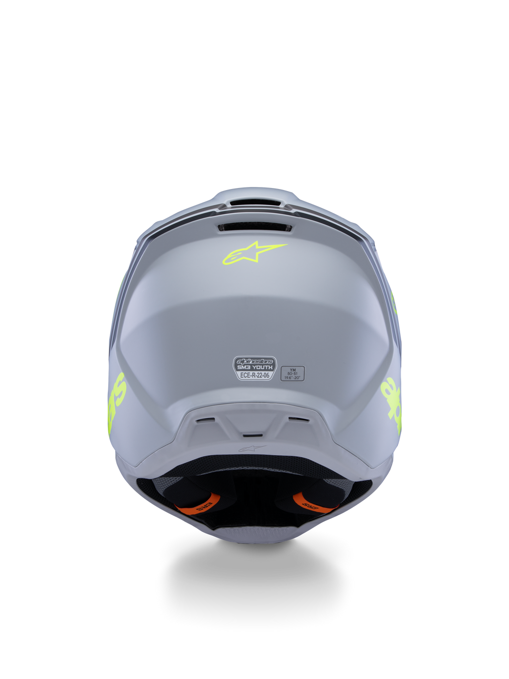 Alpinestars S-M3 Youth Radium Helmet ECE 22.06, kask motocrossowy młodzieżowy, szary, czarny i żółty fluorescencyjny mat, widok z tyłu ukazujący otwory wentylacyjne i etykiety certyfikacyjne, fluorescencyjne żółte logo gwiazdy, aerodynamiczna konstrukcja skorupy