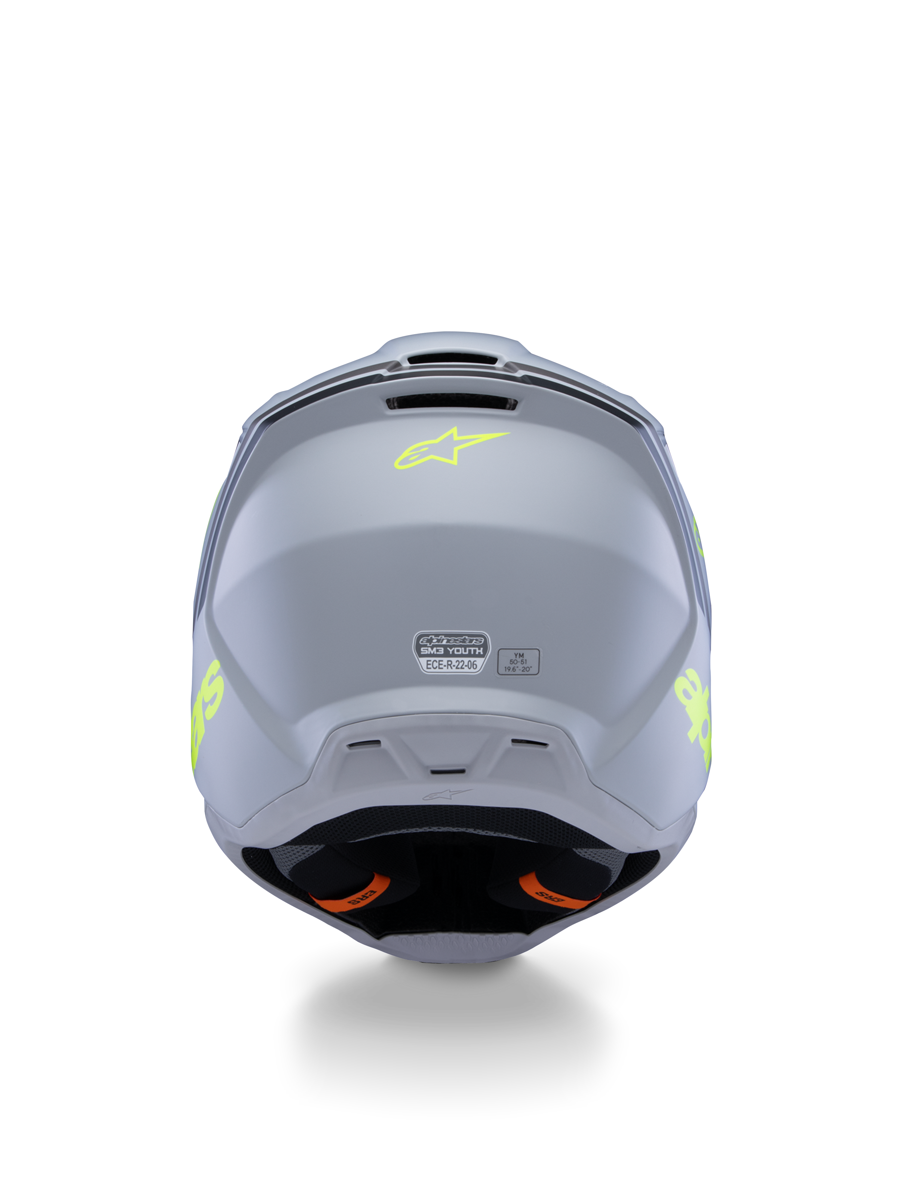 Alpinestars S-M3 Youth Radium Helmet ECE 22.06, kask motocrossowy młodzieżowy, szary, czarny i żółty fluorescencyjny mat, widok z tyłu ukazujący otwory wentylacyjne i etykiety certyfikacyjne, fluorescencyjne żółte logo gwiazdy, aerodynamiczna konstrukcja skorupy