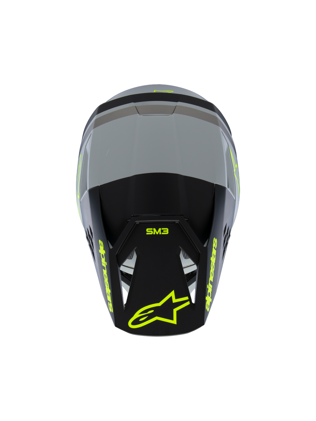 Alpinestars S-M3 Youth Radium Helmet ECE 22.06, kask motocrossowy, matowy szary i czarny z żółtymi neonowymi akcentami, widok z góry pokazujący branding Alpinestars i SM3, specjalistyczna ochrona głowy off-road dla młodzieży