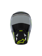 Alpinestars S-M3 Youth Radium Helmet ECE 22.06, kask motocrossowy, matowy szary i czarny z żółtymi neonowymi akcentami, widok z góry pokazujący branding Alpinestars i SM3, specjalistyczna ochrona głowy off-road dla młodzieży