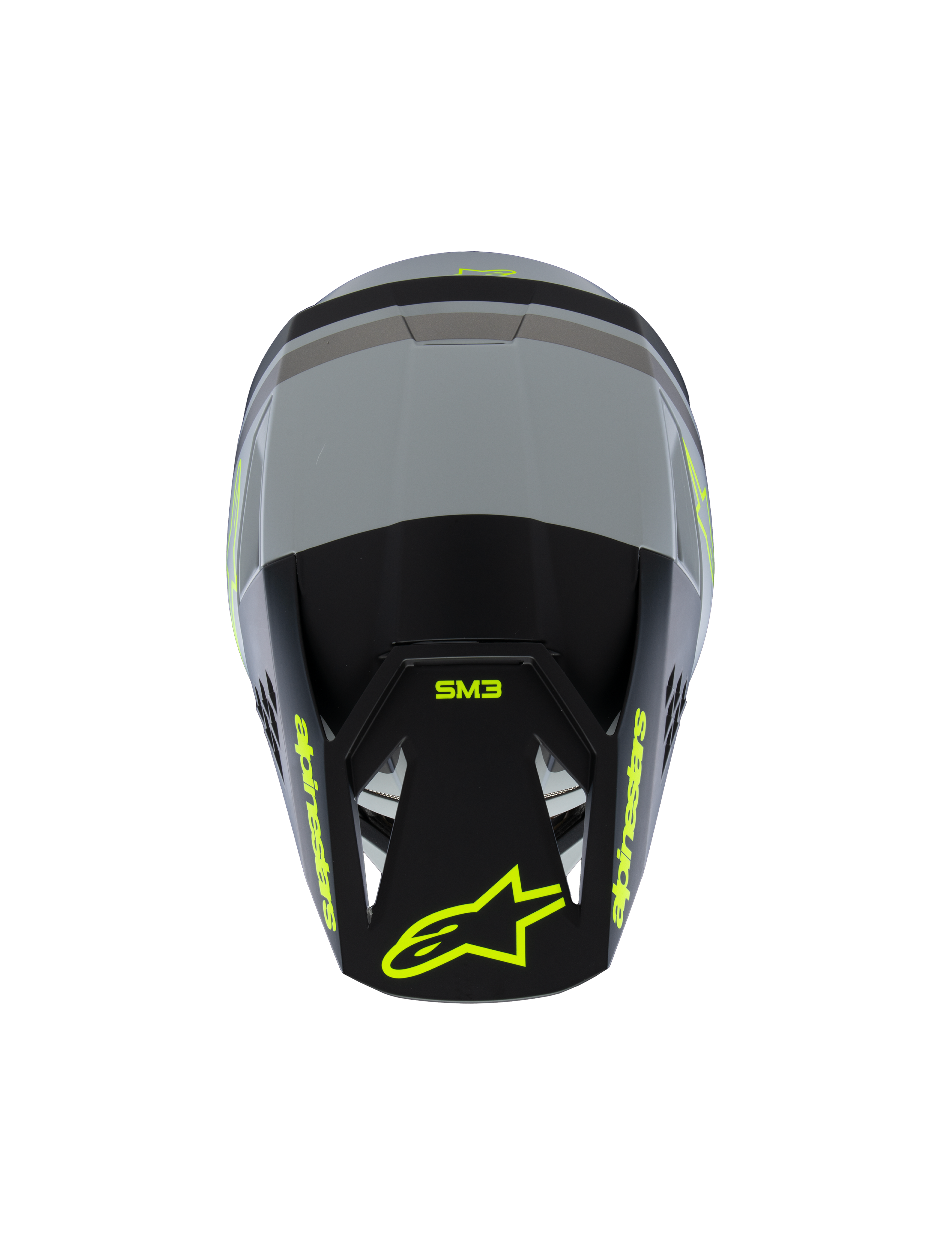 Alpinestars S-M3 Youth Radium Helmet ECE 22.06, kask motocrossowy, matowy szary i czarny z żółtymi neonowymi akcentami, widok z góry pokazujący branding Alpinestars i SM3, specjalistyczna ochrona głowy off-road dla młodzieży