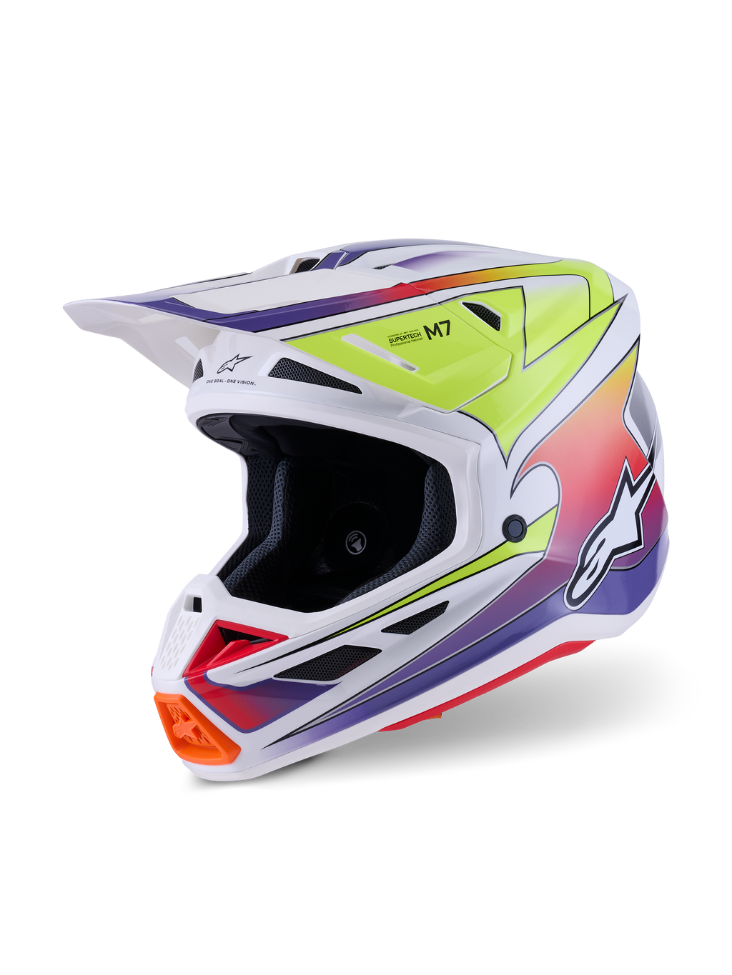 Alpinestars S-M7 Fuse Helmet, kask motocrossowy, biały z fluorescencyjną żółtą i fioletową grafiką gradientową, opływowa kompozytowa skorupa, zintegrowany daszek, liczne otwory wentylacyjne, wyczynowy design do jazdy off-road
