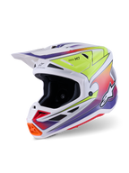 Alpinestars S-M7 Fuse Helmet, kask motocrossowy, biały z fluorescencyjną żółtą i fioletową grafiką gradientową, opływowa kompozytowa skorupa, zintegrowany daszek, liczne otwory wentylacyjne, wyczynowy design do jazdy off-road