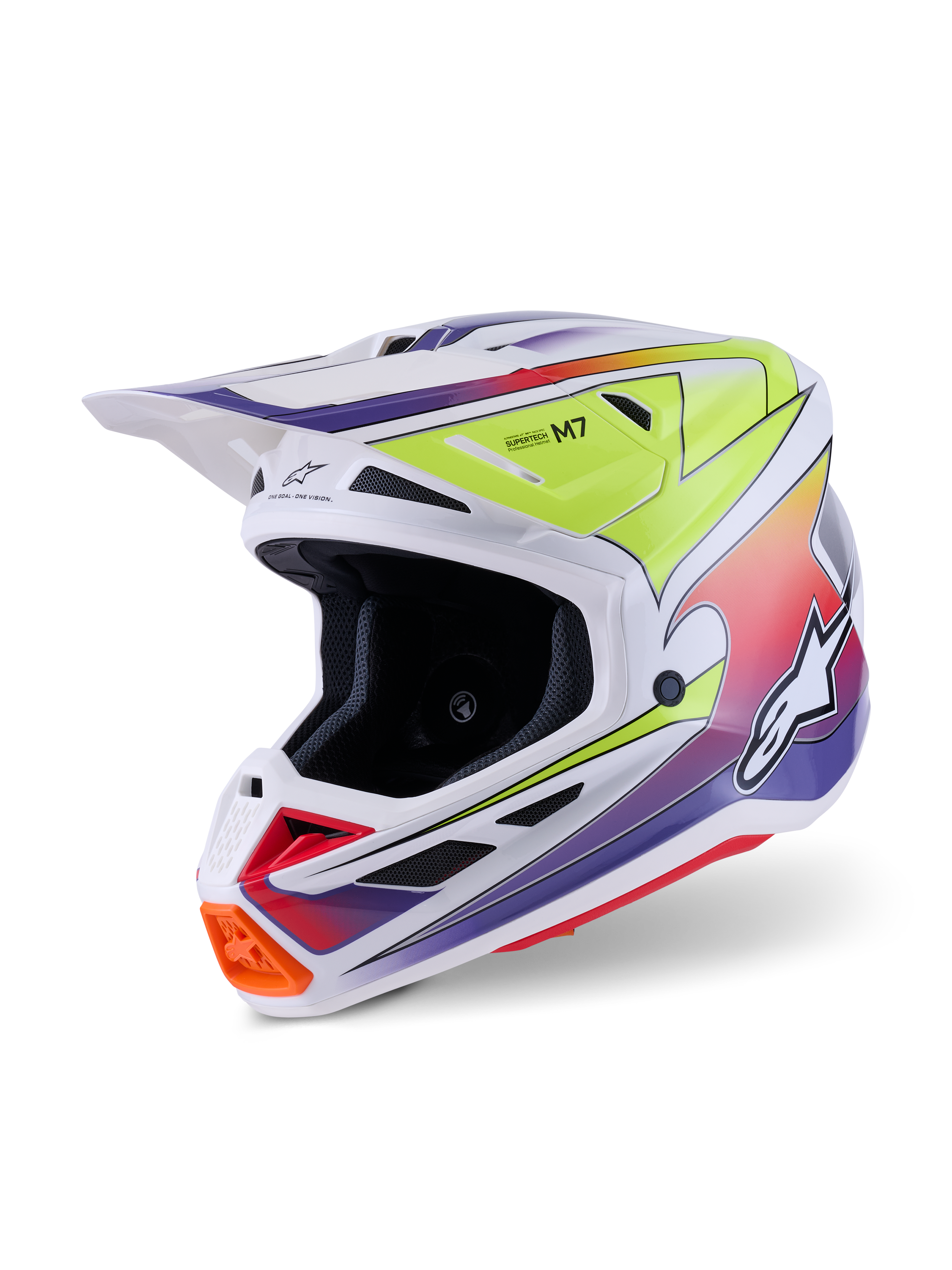 Alpinestars S-M7 Fuse Helmet, kask motocrossowy, biały z fluorescencyjną żółtą i fioletową grafiką gradientową, opływowa kompozytowa skorupa, zintegrowany daszek, liczne otwory wentylacyjne, wyczynowy design do jazdy off-road