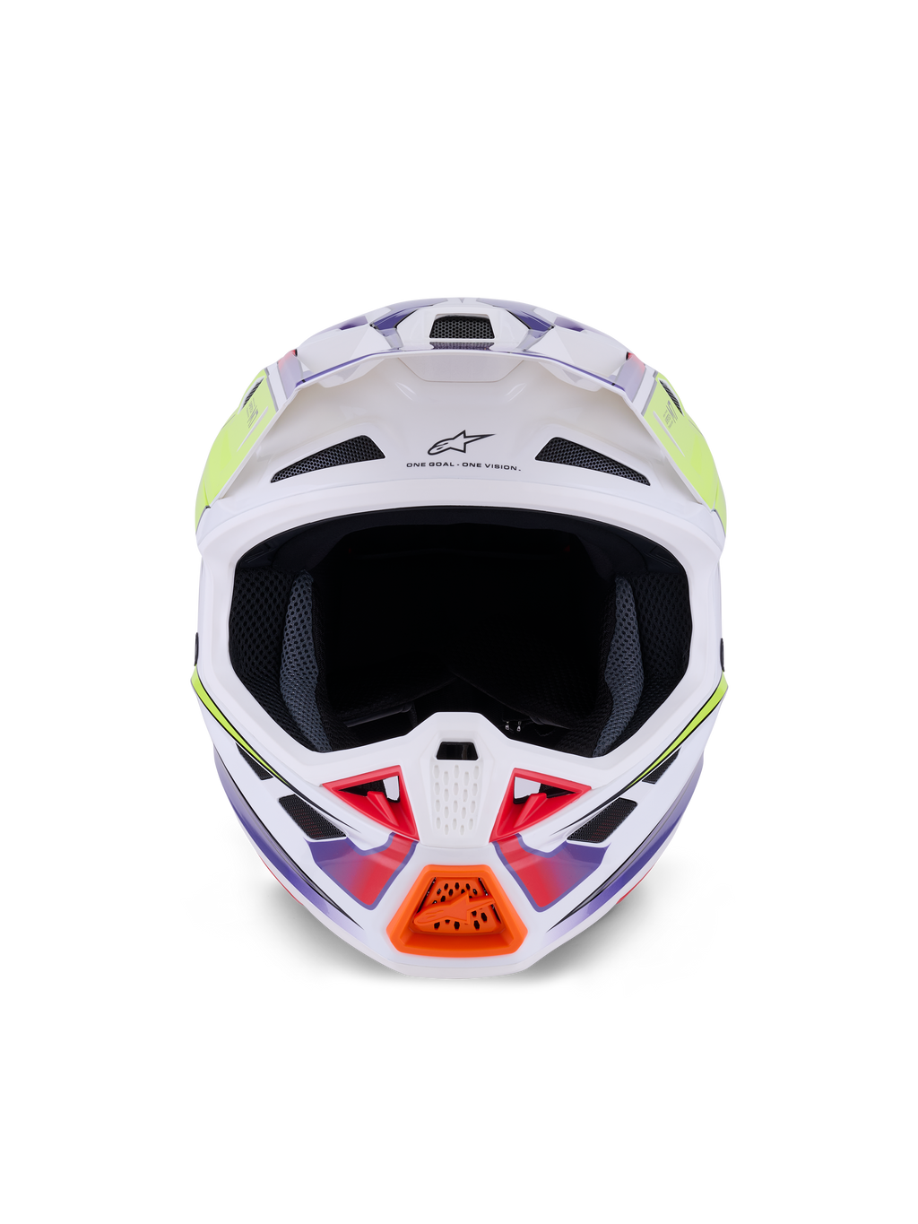 Alpinestars S-M7 Fuse Helmet, kask motocrossowy, biały, żółty fluo i fioletowy połysk, widok z przodu z licznymi wlotami powietrza, aerodynamiczna skorupa kompozytowa i pomarańczowy detal na osłonie szczęki
