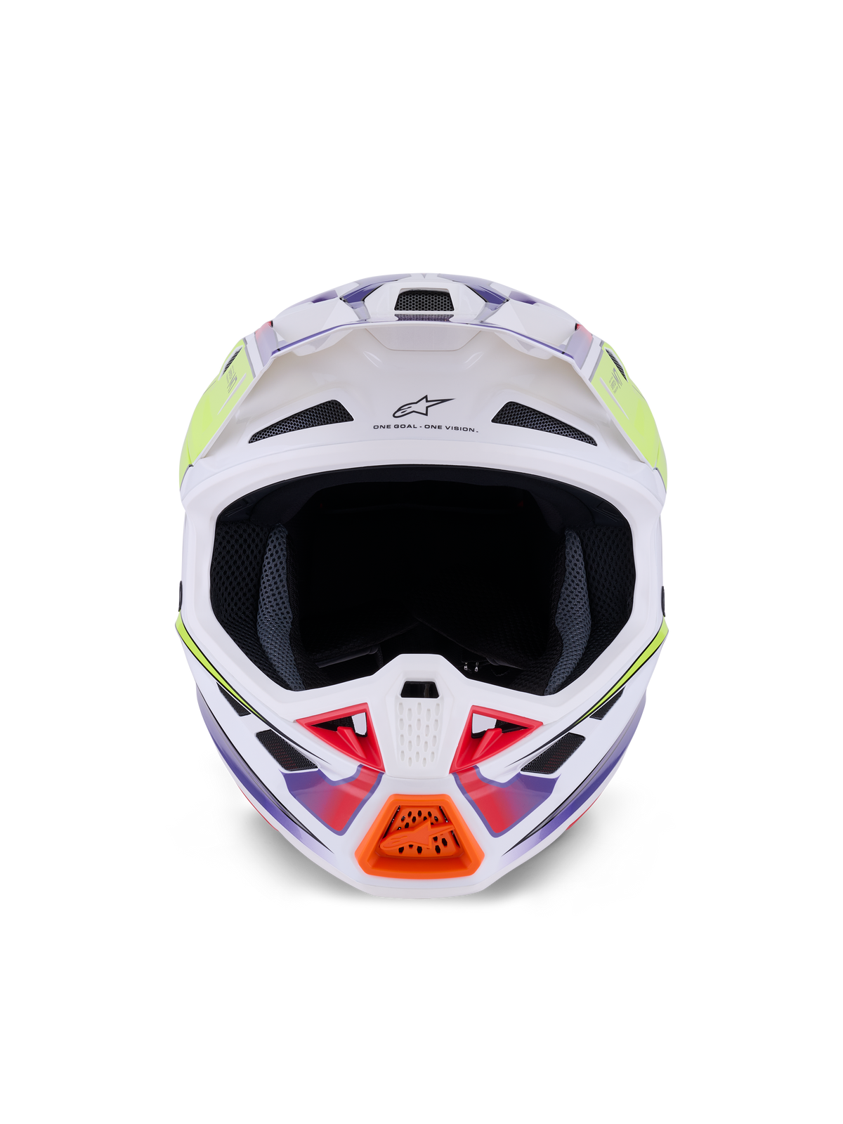 Alpinestars S-M7 Fuse Helmet, kask motocrossowy, biały, żółty fluo i fioletowy połysk, widok z przodu z licznymi wlotami powietrza, aerodynamiczna skorupa kompozytowa i pomarańczowy detal na osłonie szczęki