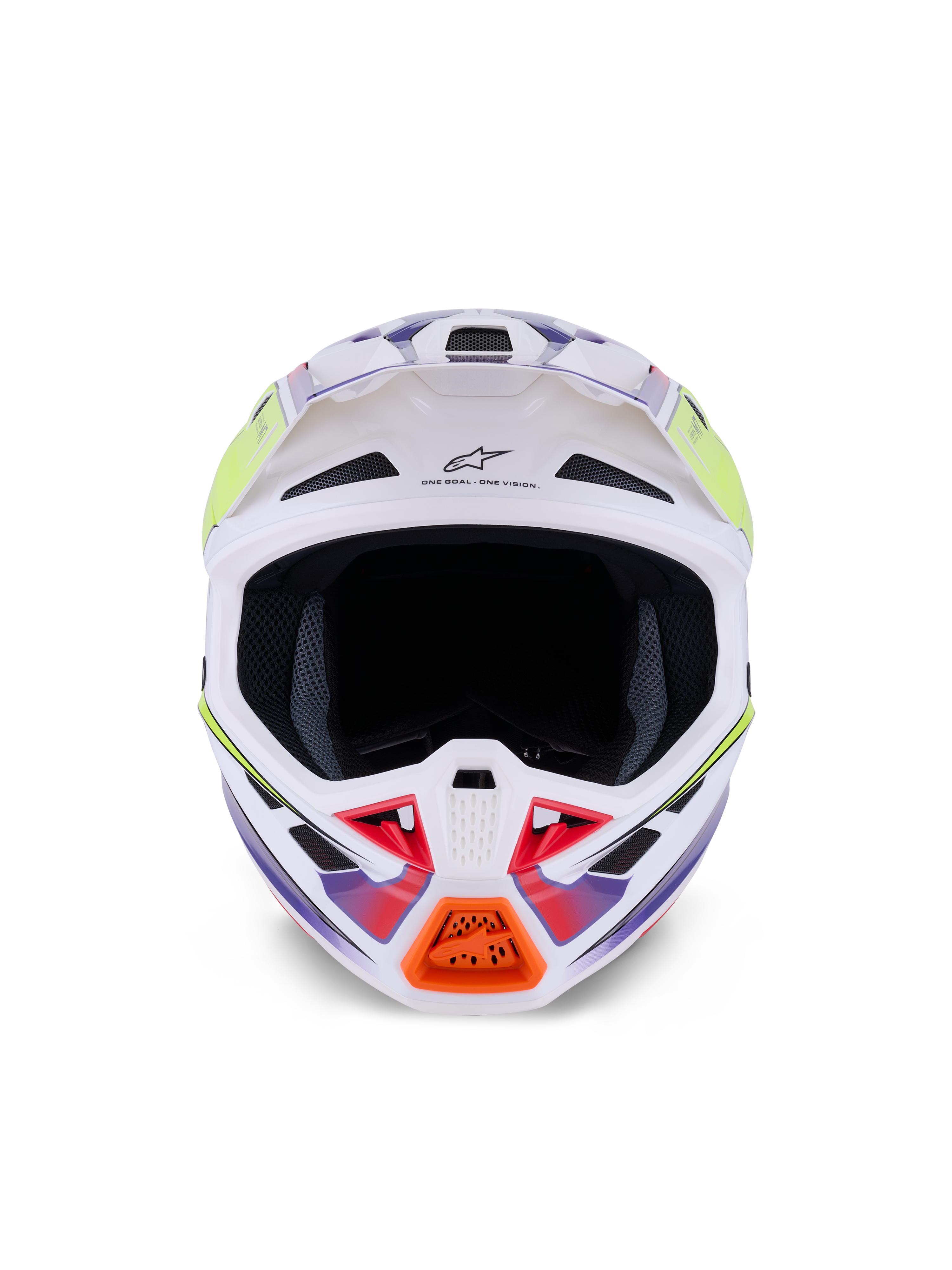 Alpinestars S-M7 Fuse Helmet, kask motocrossowy, biały, żółty fluo i fioletowy połysk, widok z przodu z licznymi wlotami powietrza, aerodynamiczna skorupa kompozytowa i pomarańczowy detal na osłonie szczęki
