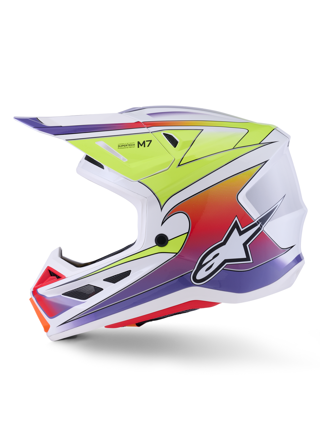 Kask Alpinestars S-M7 Fuse, kask motocrossowy, biały, żółty fluo i fioletowy z połyskiem, widok z boku prezentujący aerodynamiczną skorupę z kolorową grafiką z gradientem, czarne otwory wentylacyjne i białe logo Alpinestars, wysokowydajny sprzęt do wyścigów off-road
