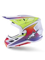 Kask Alpinestars S-M7 Fuse, kask motocrossowy, biały, żółty fluo i fioletowy z połyskiem, widok z boku prezentujący aerodynamiczną skorupę z kolorową grafiką z gradientem, czarne otwory wentylacyjne i białe logo Alpinestars, wysokowydajny sprzęt do wyścigów off-road