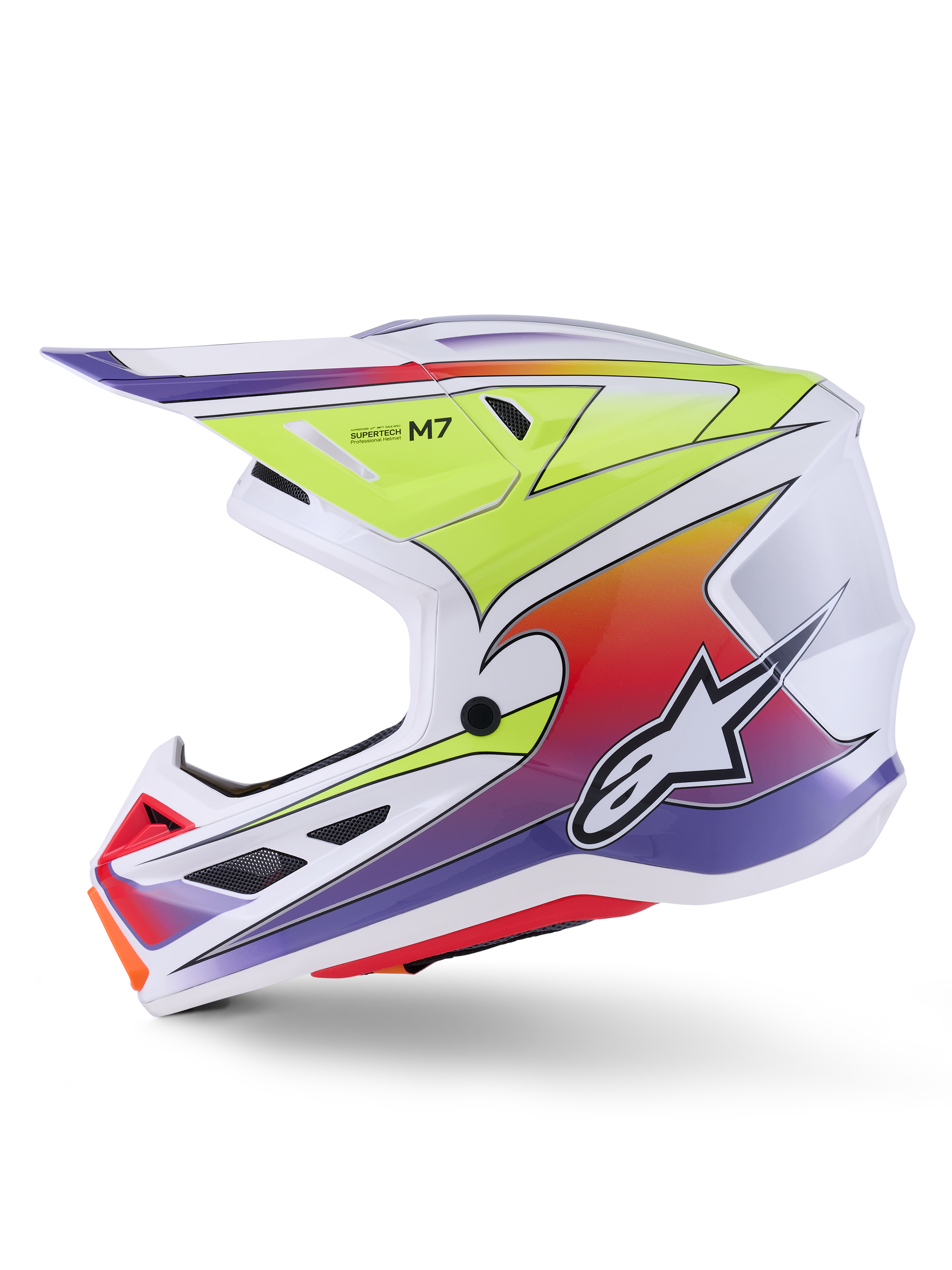 Kask Alpinestars S-M7 Fuse, kask motocrossowy, biały, żółty fluo i fioletowy z połyskiem, widok z boku prezentujący aerodynamiczną skorupę z kolorową grafiką z gradientem, czarne otwory wentylacyjne i białe logo Alpinestars, wysokowydajny sprzęt do wyścigów off-road