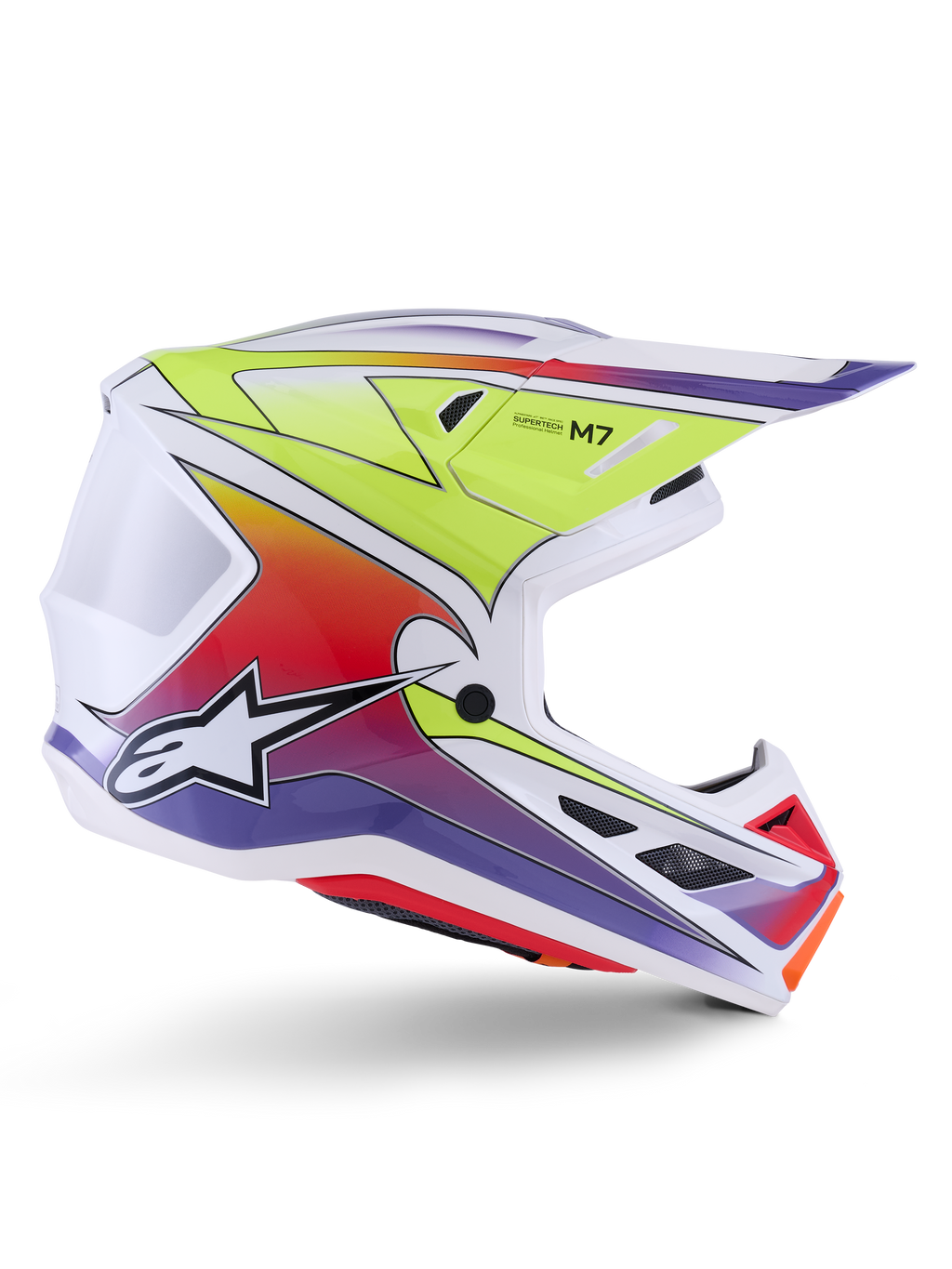 Alpinestars S-M7 Fuse Helmet, kask motocrossowy, biały z gradientami w kolorach żółtym fluo, czerwonym i fioletowym, błyszczące wykończenie, aerodynamiczna skorupa, zintegrowany daszek, czarne siatkowane otwory wentylacyjne