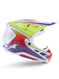 Alpinestars S-M7 Fuse Helmet, kask motocrossowy, biały z gradientami w kolorach żółtym fluo, czerwonym i fioletowym, błyszczące wykończenie, aerodynamiczna skorupa, zintegrowany daszek, czarne siatkowane otwory wentylacyjne