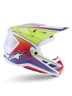 Alpinestars S-M7 Fuse Helmet, kask motocrossowy, biały z gradientami w kolorach żółtym fluo, czerwonym i fioletowym, błyszczące wykończenie, aerodynamiczna skorupa, zintegrowany daszek, czarne siatkowane otwory wentylacyjne