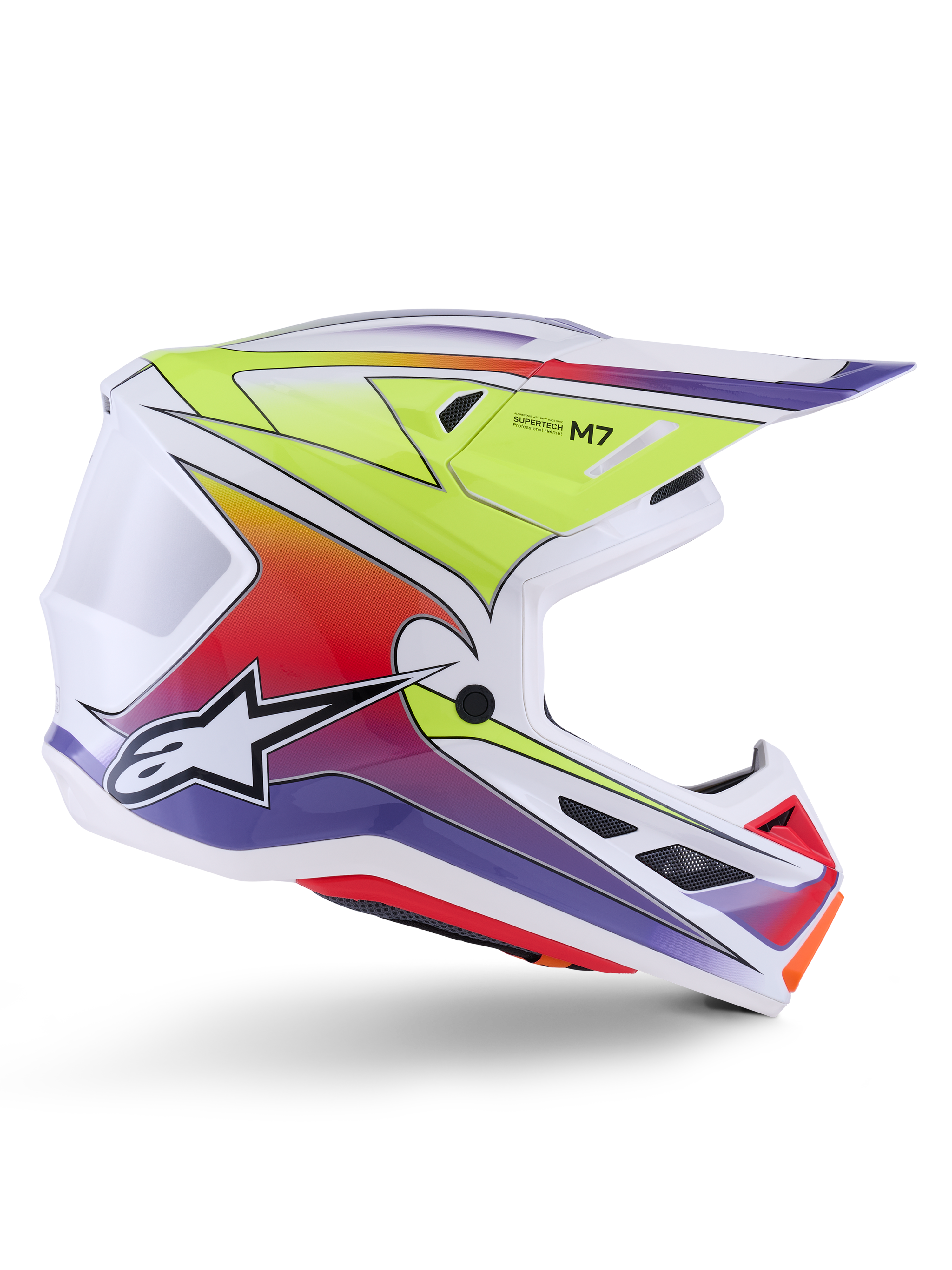 Alpinestars S-M7 Fuse Helmet, kask motocrossowy, biały z gradientami w kolorach żółtym fluo, czerwonym i fioletowym, błyszczące wykończenie, aerodynamiczna skorupa, zintegrowany daszek, czarne siatkowane otwory wentylacyjne