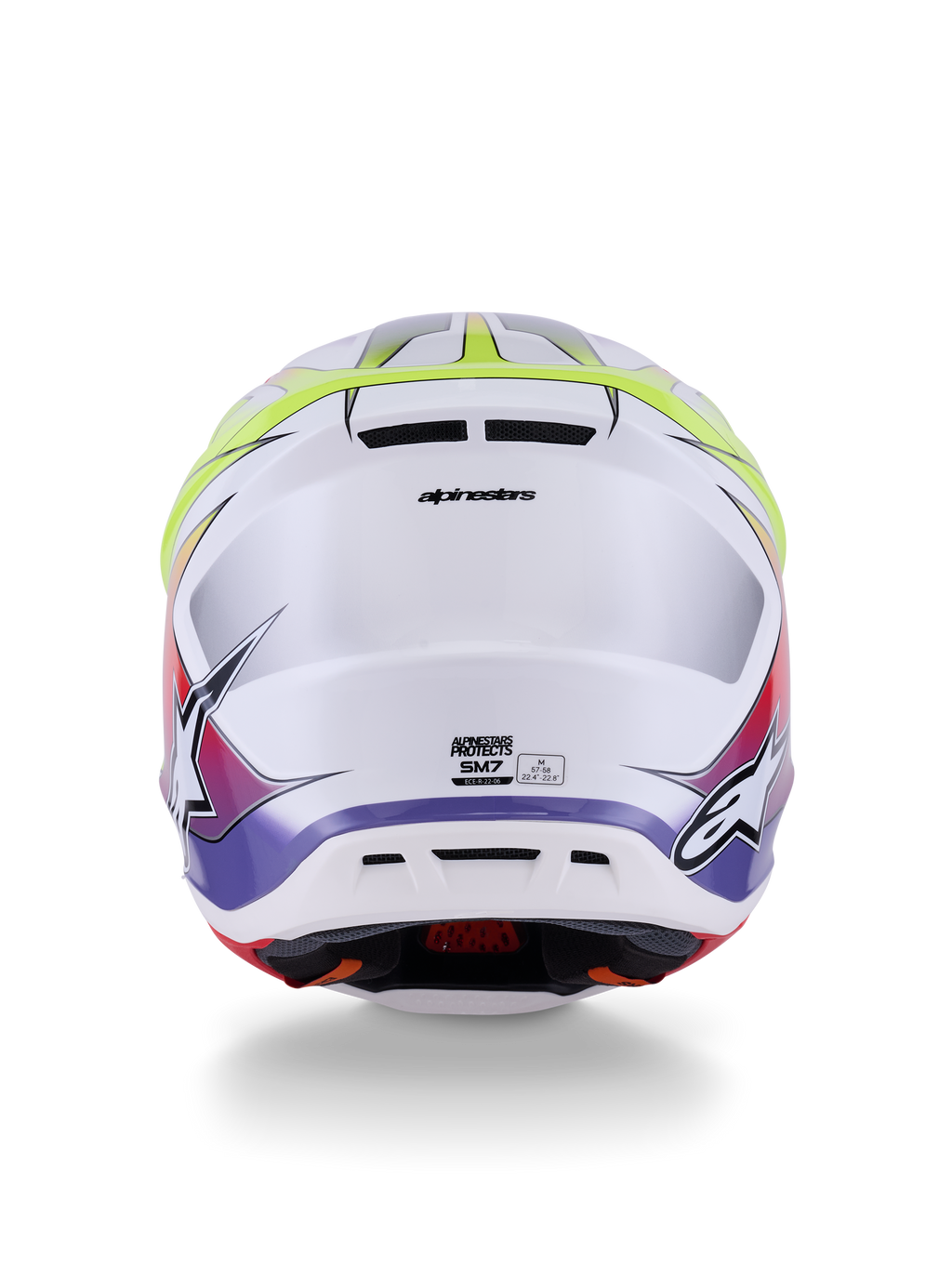 Alpinestars S-M7 Fuse Helmet ECE 22.06, kask motocrossowy, biały, żółty neonowy i fioletowy z połyskiem, widok z tyłu pokazujący zintegrowane otwory wylotowe, logo Alpinestars i boczne logotypy, smukła aerodynamiczna konstrukcja skorupy