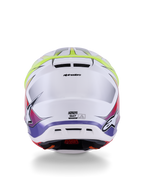 Alpinestars S-M7 Fuse Helmet ECE 22.06, kask motocrossowy, biały, żółty neonowy i fioletowy z połyskiem, widok z tyłu pokazujący zintegrowane otwory wylotowe, logo Alpinestars i boczne logotypy, smukła aerodynamiczna konstrukcja skorupy