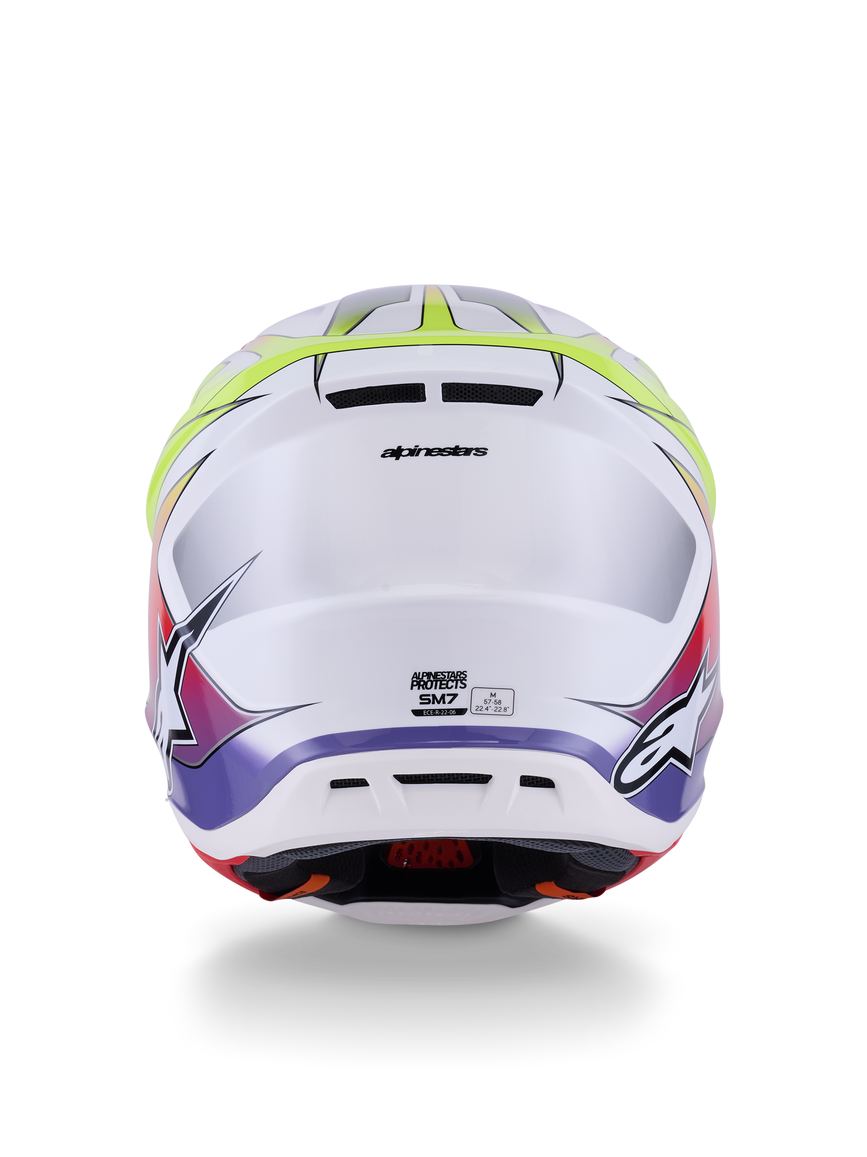 Alpinestars S-M7 Fuse Helmet ECE 22.06, kask motocrossowy, biały, żółty neonowy i fioletowy z połyskiem, widok z tyłu pokazujący zintegrowane otwory wylotowe, logo Alpinestars i boczne logotypy, smukła aerodynamiczna konstrukcja skorupy