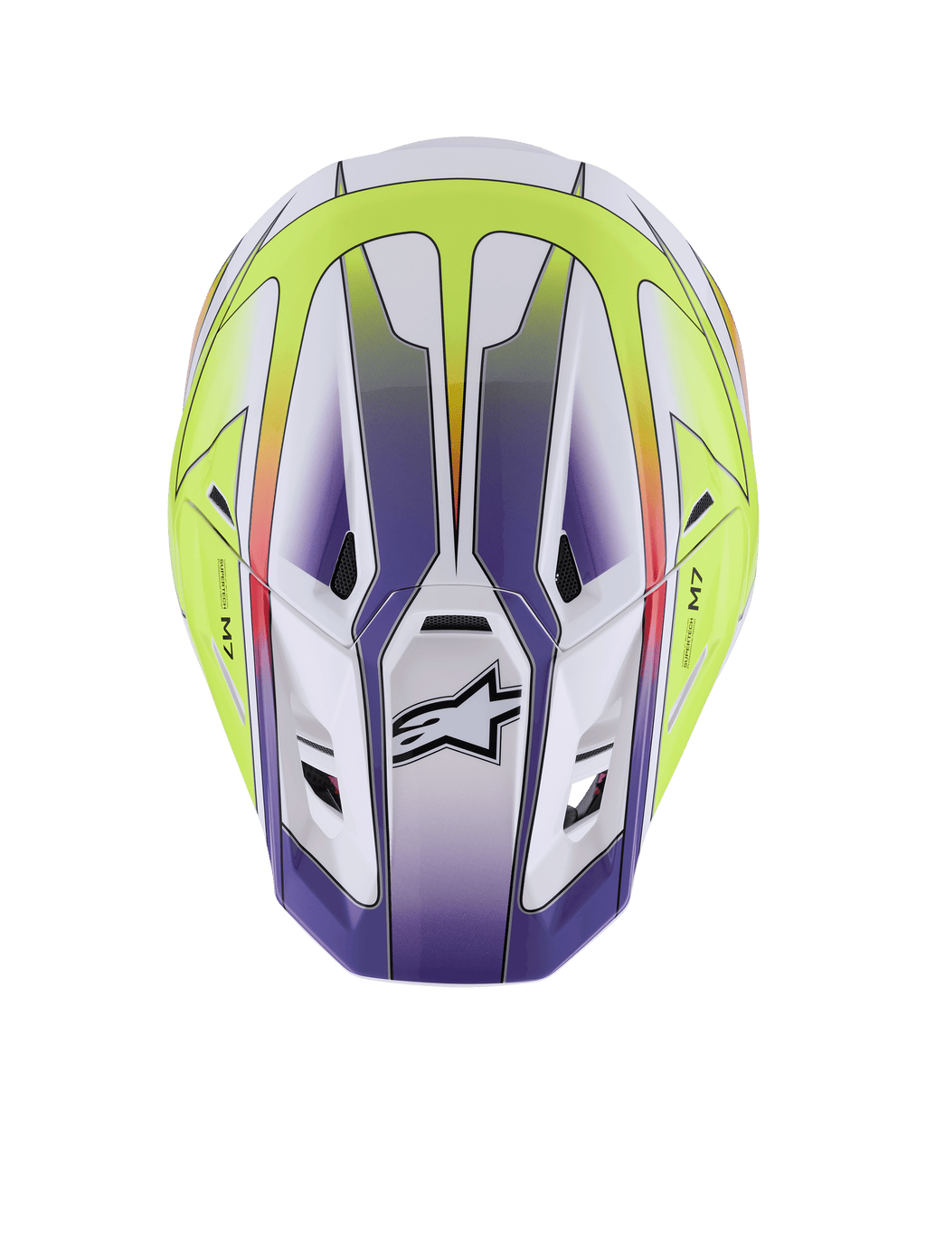 Kask Alpinestars S-M7 Fuse, kask motocrossowy, biały, żółty fluo i fioletowy błyszczący, widok z góry prezentujący aerodynamiczną skorupę z otworami wentylacyjnymi i czarnym logo Alpinestars, profesjonalna ochrona do wyścigów off-road
