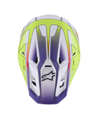 Kask Alpinestars S-M7 Fuse, kask motocrossowy, biały, żółty fluo i fioletowy błyszczący, widok z góry prezentujący aerodynamiczną skorupę z otworami wentylacyjnymi i czarnym logo Alpinestars, profesjonalna ochrona do wyścigów off-road