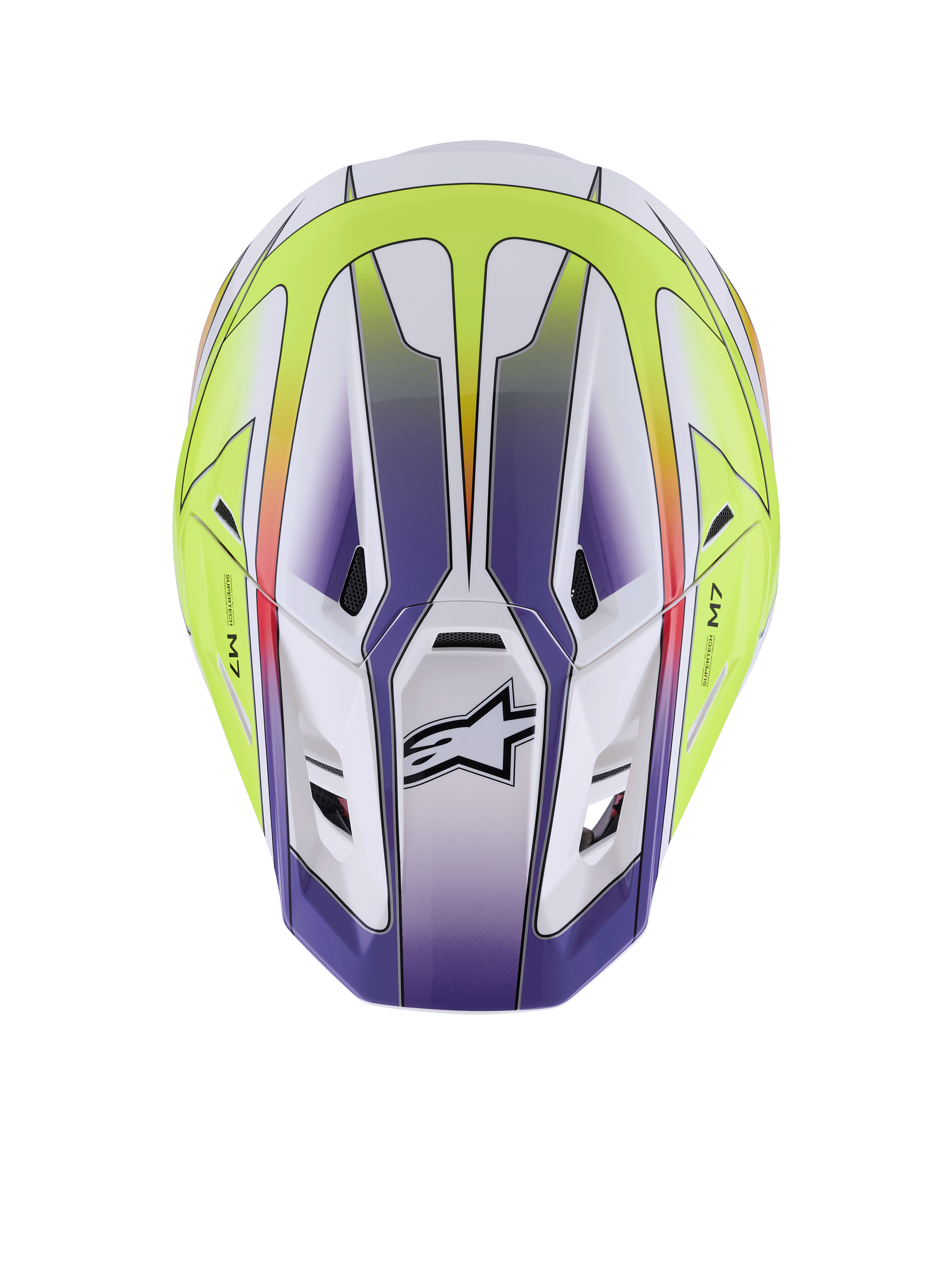 Kask Alpinestars S-M7 Fuse, kask motocrossowy, biały, żółty fluo i fioletowy błyszczący, widok z góry prezentujący aerodynamiczną skorupę z otworami wentylacyjnymi i czarnym logo Alpinestars, profesjonalna ochrona do wyścigów off-road