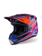 Alpinestars S-M7 Fuse Helmet, kask motocrossowy, niebiesko-fioletowo-różowy z połyskiem, z żywą, wielokolorową grafiką oraz pomarańczowymi i czarnymi akcentami, aerodynamiczna konstrukcja skorupy z wieloma wlotami powietrza, profesjonalny sprzęt do wyścigów terenowych