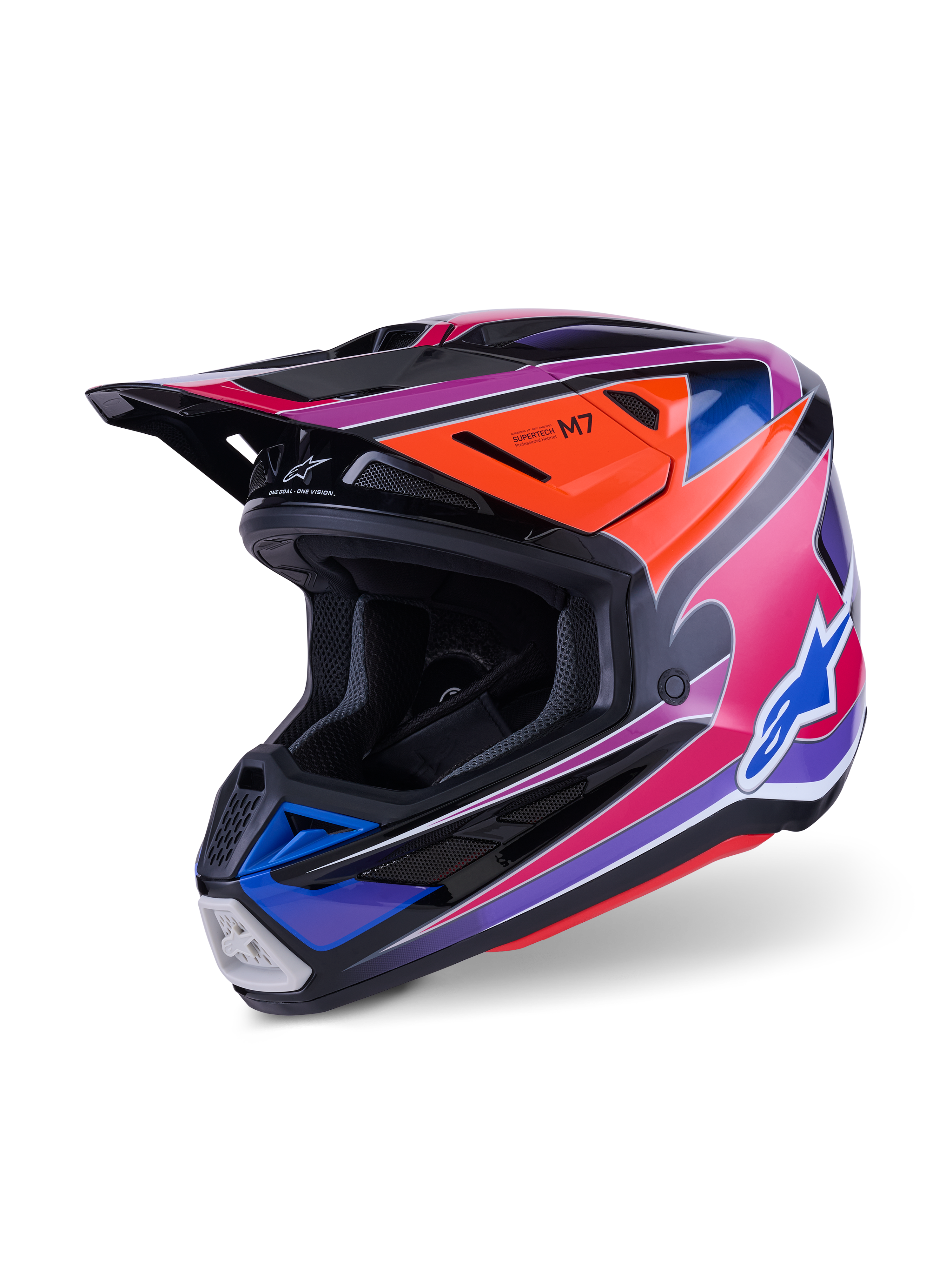 Alpinestars S-M7 Fuse Helmet, kask motocrossowy, niebiesko-fioletowo-różowy z połyskiem, z żywą, wielokolorową grafiką oraz pomarańczowymi i czarnymi akcentami, aerodynamiczna konstrukcja skorupy z wieloma wlotami powietrza, profesjonalny sprzęt do wyścigów terenowych