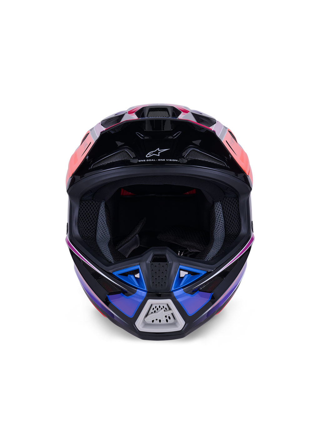 Kask Alpinestars S-M7 Fuse, kask motocrossowy, niebieski, fioletowy i różowy z połyskiem, widok z przodu pokazujący otwór na gogle i wentylowaną szczękę, czarne akcenty i branding Alpinestars, aerodynamiczny design wyścigowy off-road