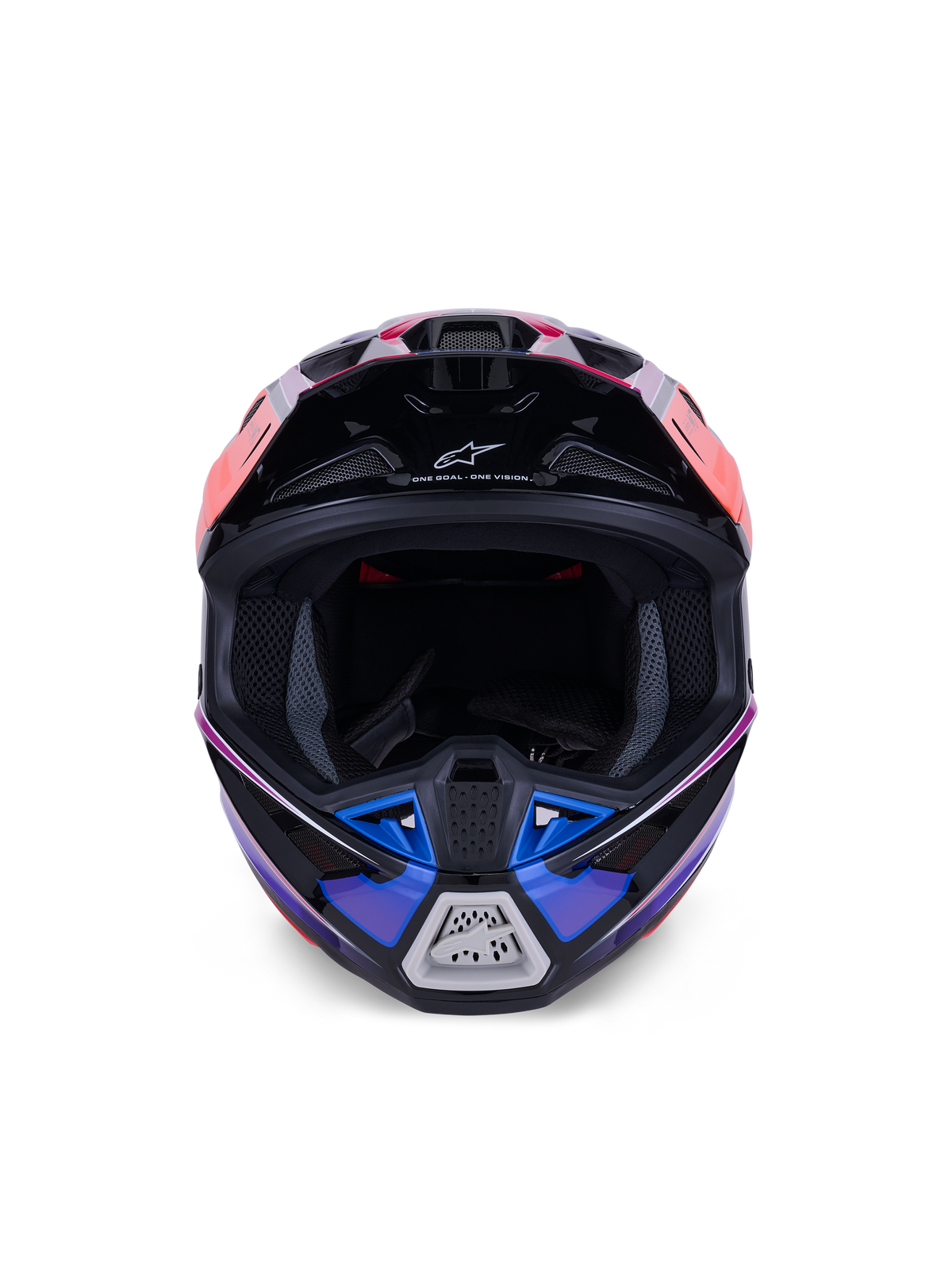 Kask Alpinestars S-M7 Fuse, kask motocrossowy, niebieski, fioletowy i różowy z połyskiem, widok z przodu pokazujący otwór na gogle i wentylowaną szczękę, czarne akcenty i branding Alpinestars, aerodynamiczny design wyścigowy off-road