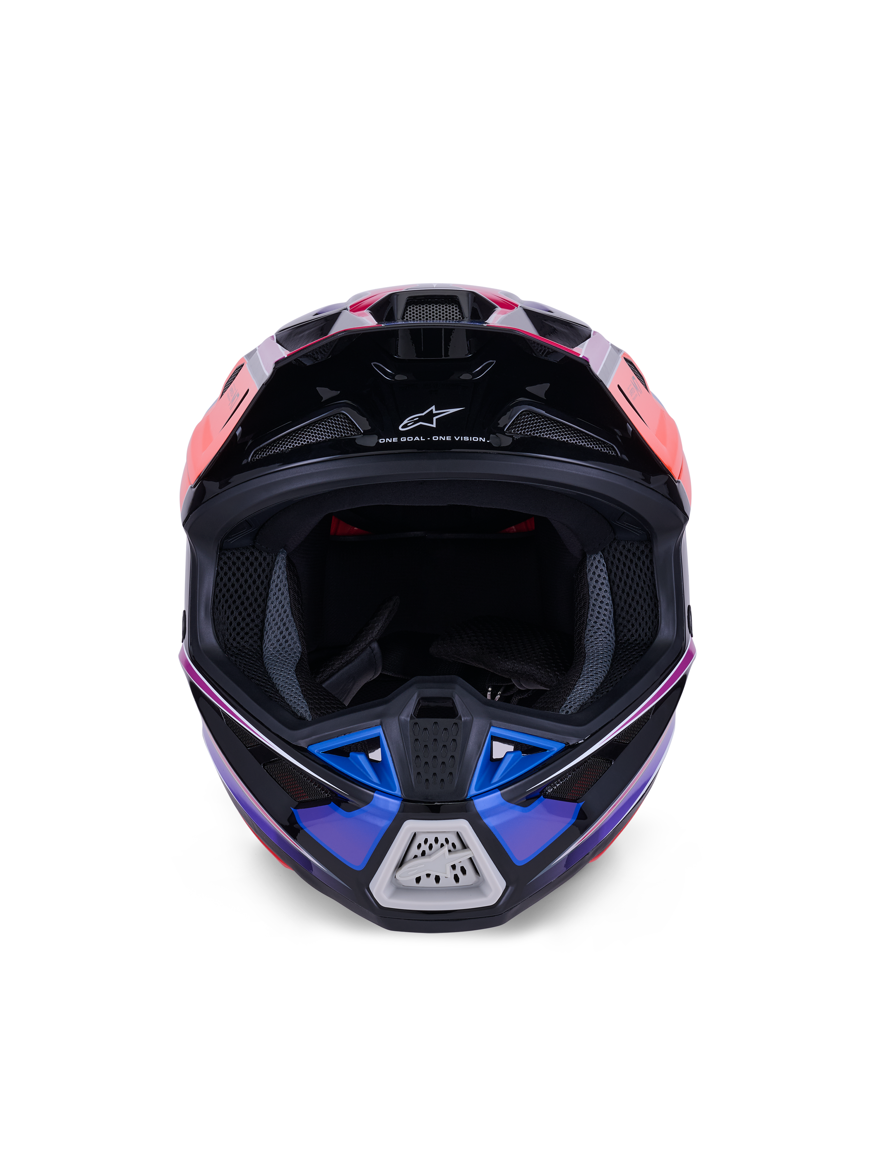 Kask Alpinestars S-M7 Fuse, kask motocrossowy, niebieski, fioletowy i różowy z połyskiem, widok z przodu pokazujący otwór na gogle i wentylowaną szczękę, czarne akcenty i branding Alpinestars, aerodynamiczny design wyścigowy off-road
