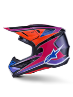 Kask Alpinestars S-M7 Fuse, kask motocrossowy, błyszczący niebieski, fioletowy, różowy i pomarańczowy, żywy wielokolorowy wzór graficzny z niebieskim logo Alpinestars, aerodynamiczna skorupa kompozytowa z daszkiem ochronnym i otworami wentylacyjnymi, profesjonalny sprzęt do wyścigów off-road