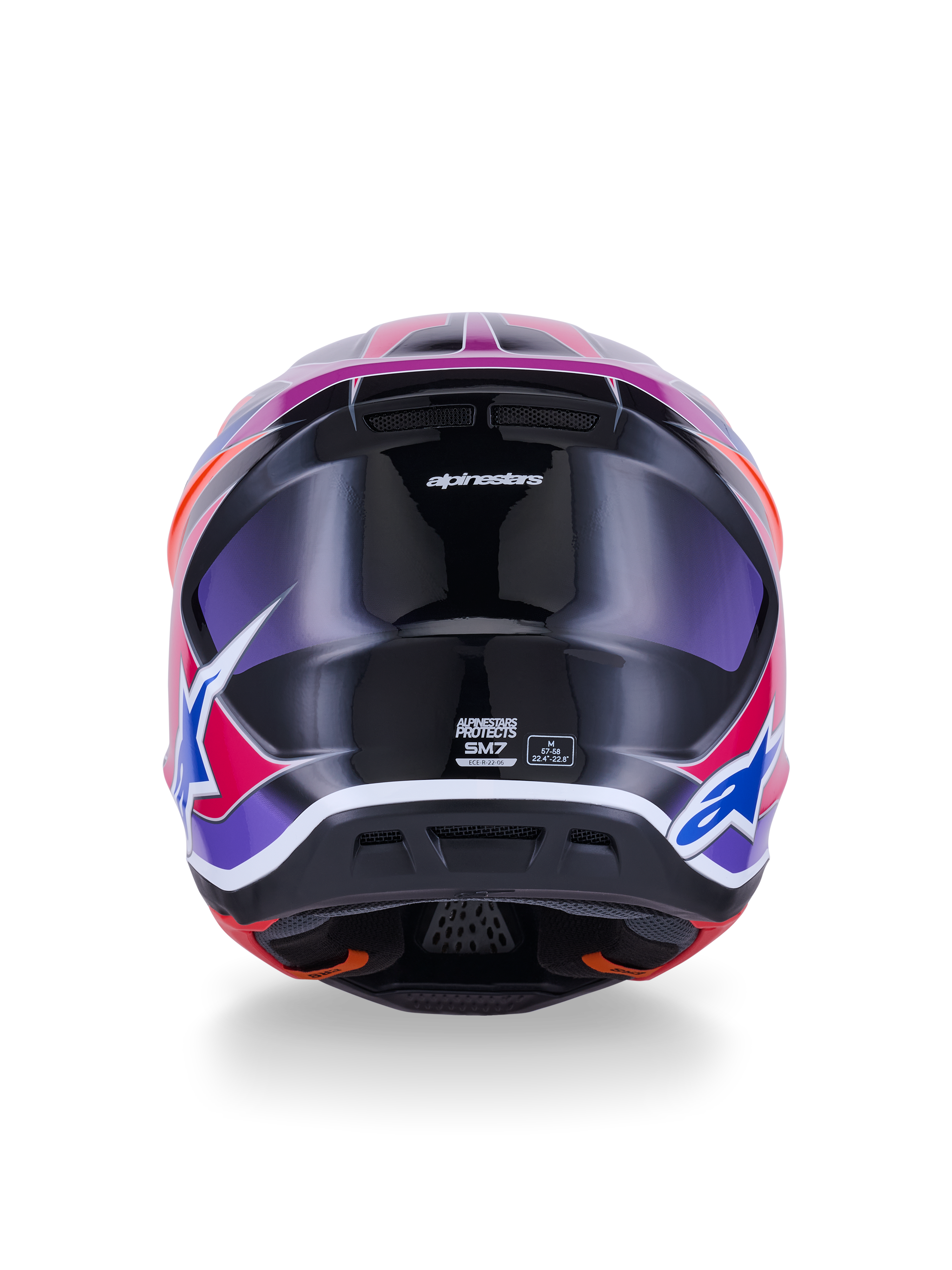 Kask Alpinestars S-M7 Fuse, kask motocrossowy, widok z tyłu, kolor Blue Purple Pink Glossy, żywe różowe i fioletowe grafiki na błyszczącej czarnej skorupie, otwory wentylacyjne i etykieta certyfikacji ECE 22.06