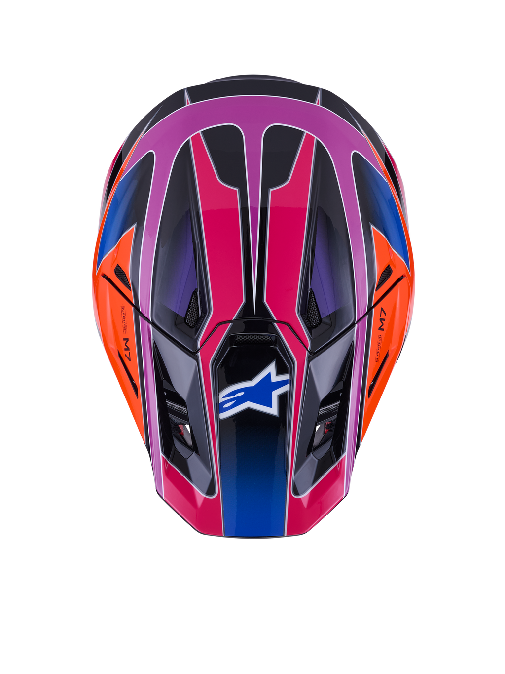 Kask Alpinestars S-M7 Fuse, widok z góry, niebiesko-fioletowo-różowy błyszczący z pomarańczowymi i czarnymi akcentami, żywy geometryczny wzór, aerodynamiczna skorupa z otworami wentylacyjnymi i logo Alpinestars na daszku, motocrossowy sprzęt ochronny