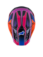 Kask Alpinestars S-M7 Fuse, widok z góry, niebiesko-fioletowo-różowy błyszczący z pomarańczowymi i czarnymi akcentami, żywy geometryczny wzór, aerodynamiczna skorupa z otworami wentylacyjnymi i logo Alpinestars na daszku, motocrossowy sprzęt ochronny