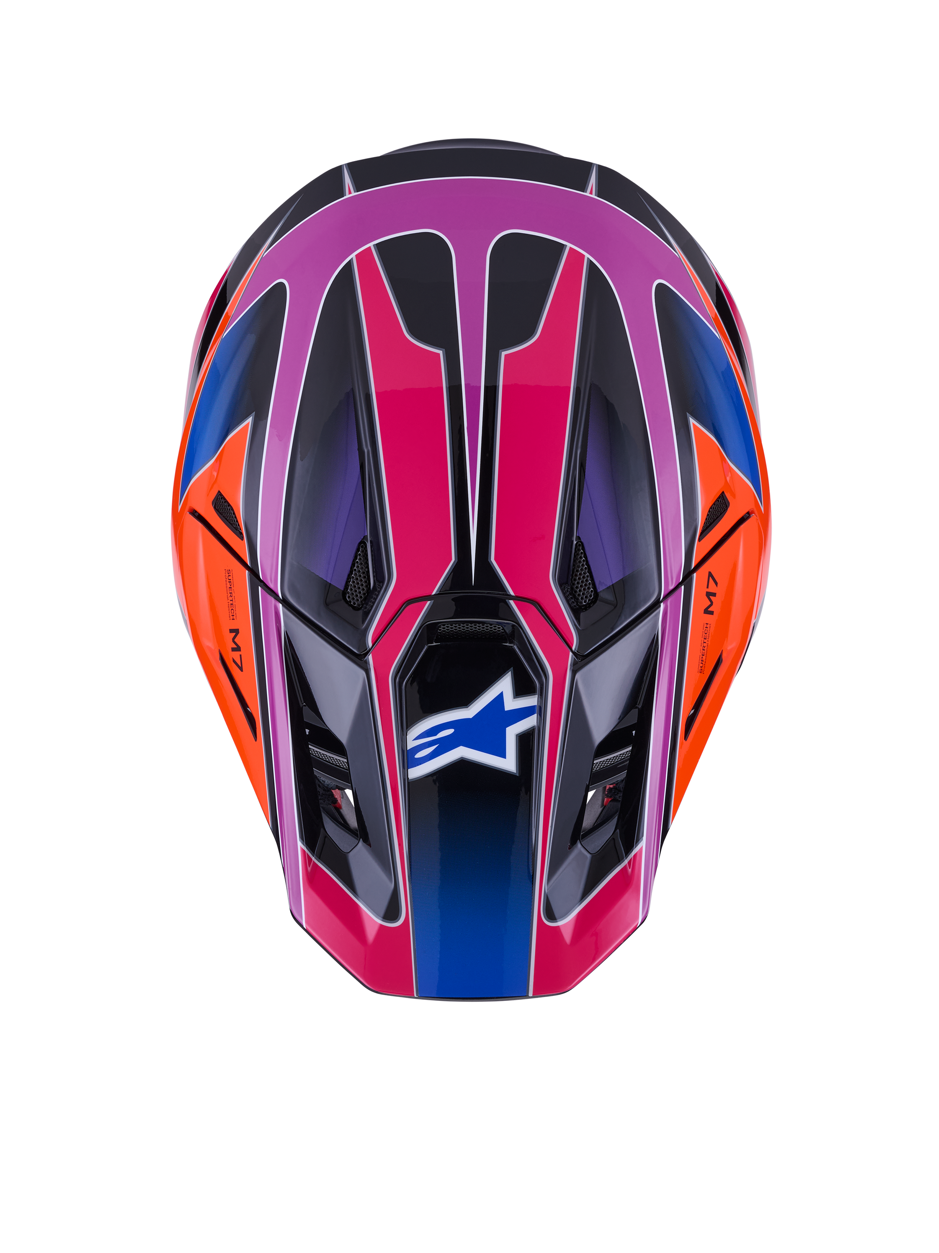 Kask Alpinestars S-M7 Fuse, widok z góry, niebiesko-fioletowo-różowy błyszczący z pomarańczowymi i czarnymi akcentami, żywy geometryczny wzór, aerodynamiczna skorupa z otworami wentylacyjnymi i logo Alpinestars na daszku, motocrossowy sprzęt ochronny