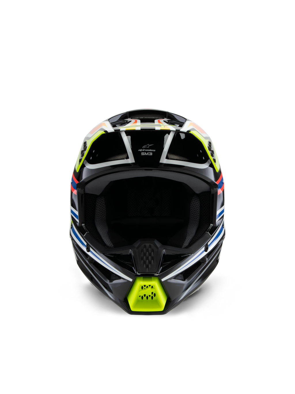 Młodzieżowy kask Alpinestars S-M3 Youth Wurx, widok z przodu, czarny z neonowożółtymi, niebieskimi i czerwonymi akcentami, młodzieżowy sprzęt ochronny do motocrossu, czarna baza z wyrazistymi grafikami geometrycznymi, zintegrowane otwory wentylacyjne i żółta osłona podbródka, styl wyścigowy off-road