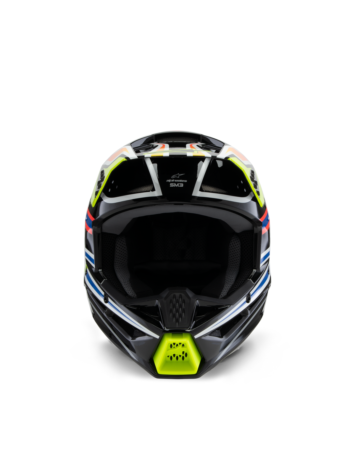 Młodzieżowy kask Alpinestars S-M3 Youth Wurx, widok z przodu, czarny z neonowożółtymi, niebieskimi i czerwonymi akcentami, młodzieżowy sprzęt ochronny do motocrossu, czarna baza z wyrazistymi grafikami geometrycznymi, zintegrowane otwory wentylacyjne i żółta osłona podbródka, styl wyścigowy off-road