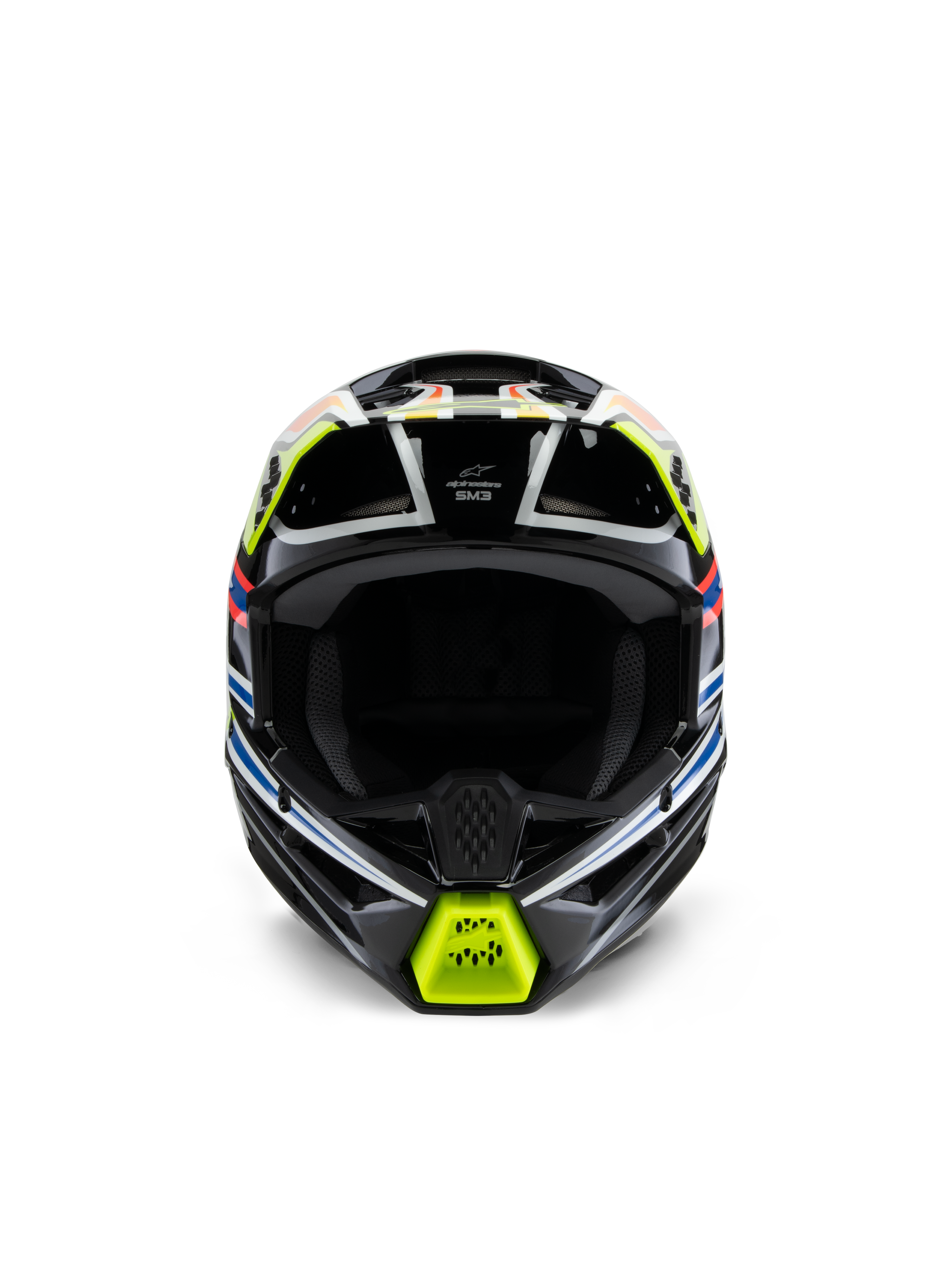 Młodzieżowy kask Alpinestars S-M3 Youth Wurx, widok z przodu, czarny z neonowożółtymi, niebieskimi i czerwonymi akcentami, młodzieżowy sprzęt ochronny do motocrossu, czarna baza z wyrazistymi grafikami geometrycznymi, zintegrowane otwory wentylacyjne i żółta osłona podbródka, styl wyścigowy off-road