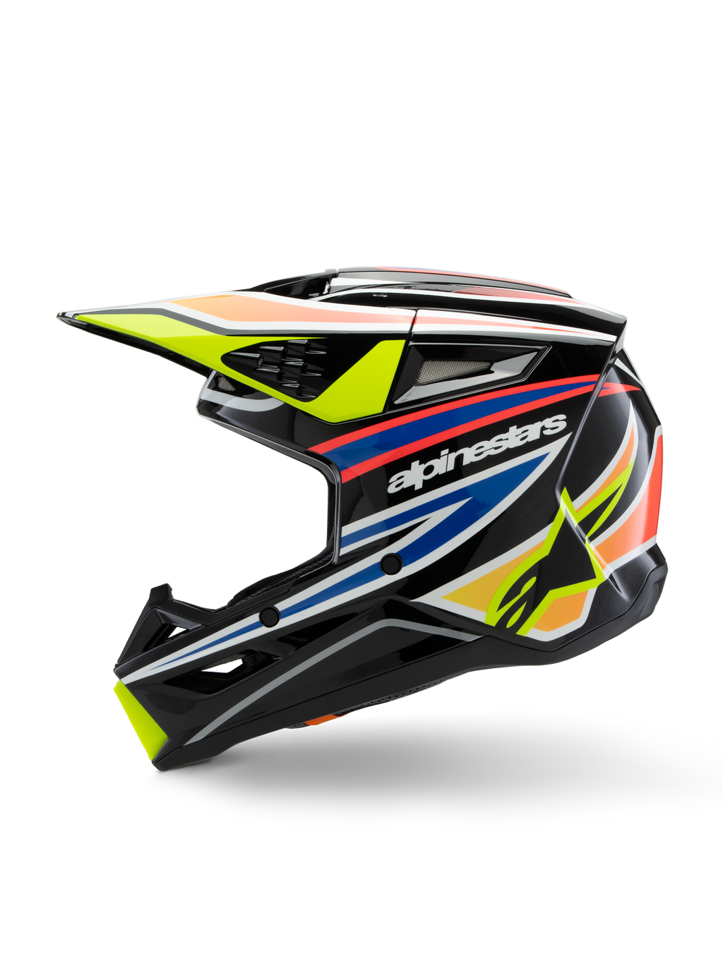 Alpinestars S-M3 Youth Wurx Helmet, kask motocrossowy, czarny z jaskrawymi żółtymi, niebieskimi i czerwonymi grafikami, widok z profilu z wyraźnym brandingiem Alpinestars, aerodynamiczna skorupa z licznymi otworami wentylacyjnymi i żółtym daszkiem