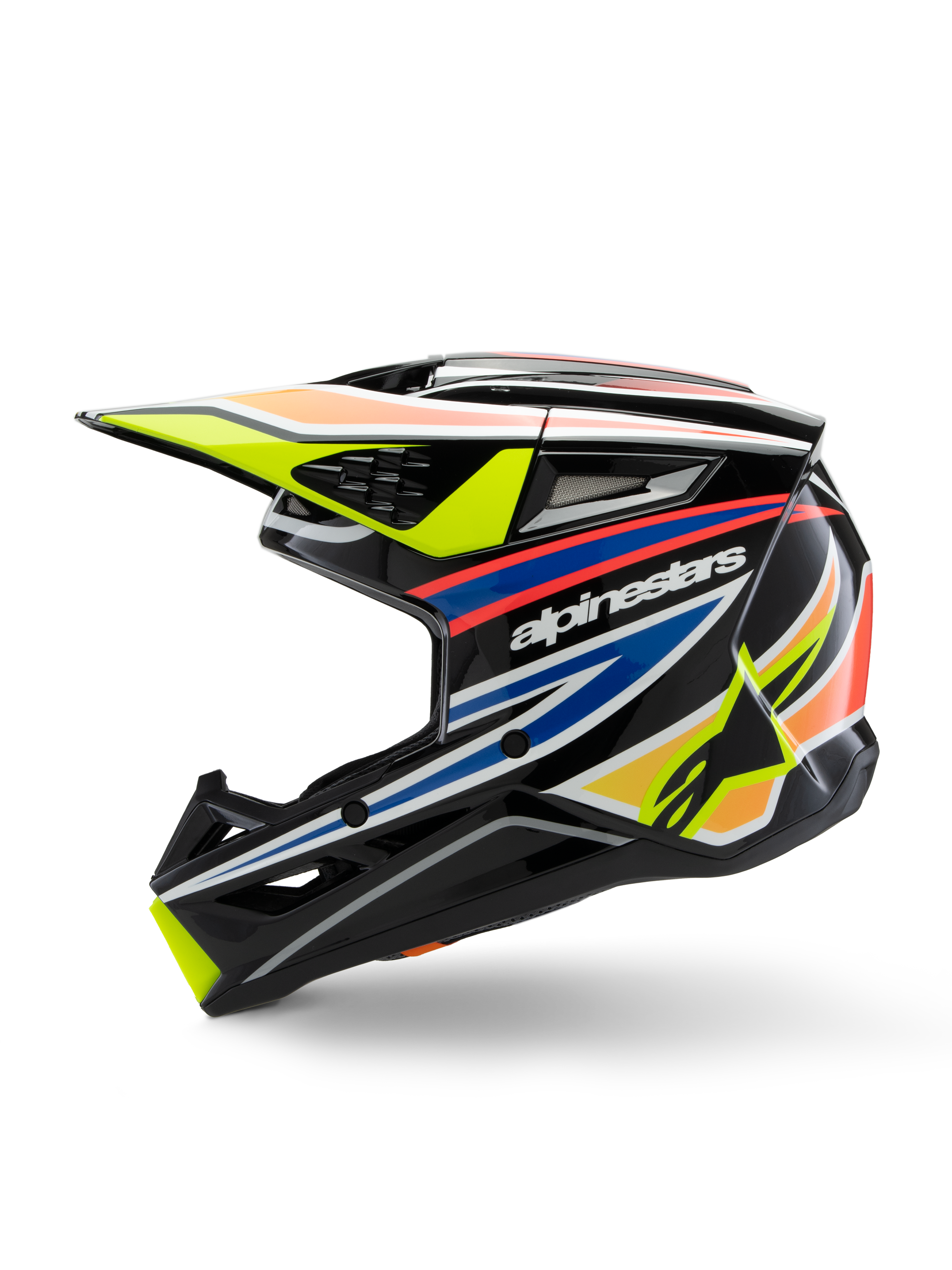 Alpinestars S-M3 Youth Wurx Helmet, kask motocrossowy, czarny z jaskrawymi żółtymi, niebieskimi i czerwonymi grafikami, widok z profilu z wyraźnym brandingiem Alpinestars, aerodynamiczna skorupa z licznymi otworami wentylacyjnymi i żółtym daszkiem