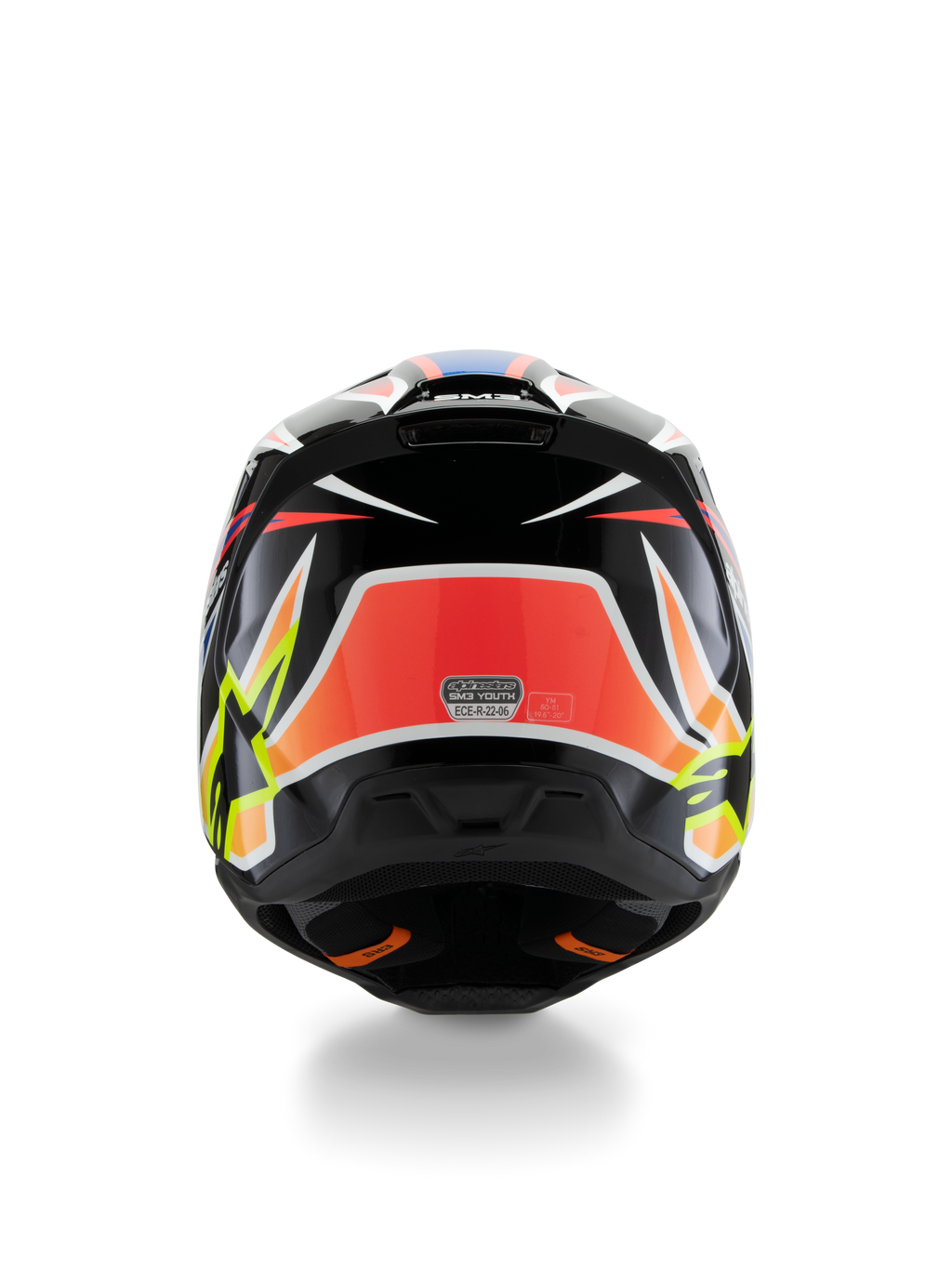 Alpinestars S-M3 Youth Wurx Helmet ECE 22.06, kask motocrossowy, widok z tyłu, czarny z czerwonymi, fluorescencyjnymi żółtymi i niebieskimi grafikami, wyraziste kanciaste wzory, logo gwiazdy, naklejka certyfikacyjna ECE 22.06, przeznaczony do młodzieżowych wyścigów terenowych