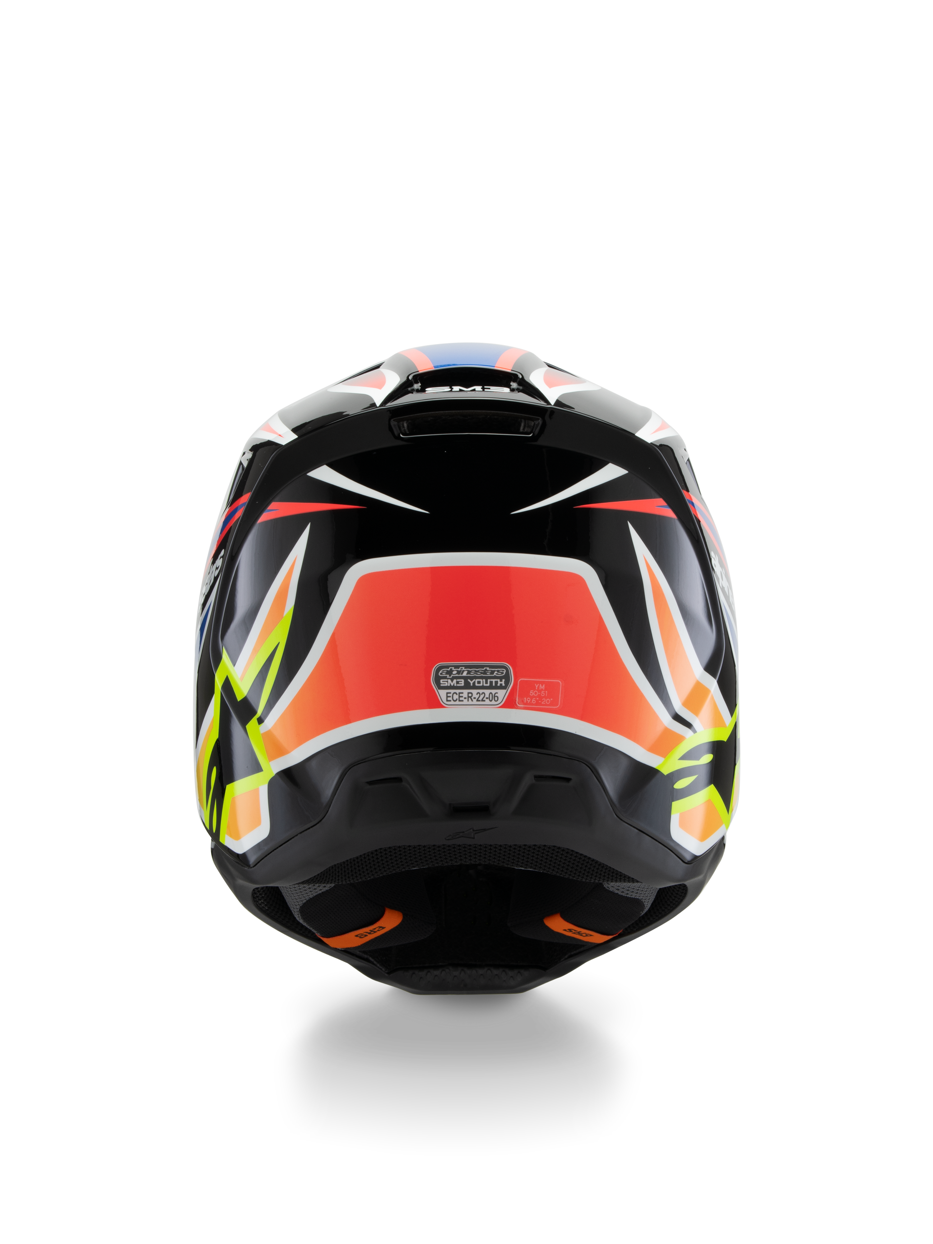 Alpinestars S-M3 Youth Wurx Helmet ECE 22.06, kask motocrossowy, widok z tyłu, czarny z czerwonymi, fluorescencyjnymi żółtymi i niebieskimi grafikami, wyraziste kanciaste wzory, logo gwiazdy, naklejka certyfikacyjna ECE 22.06, przeznaczony do młodzieżowych wyścigów terenowych