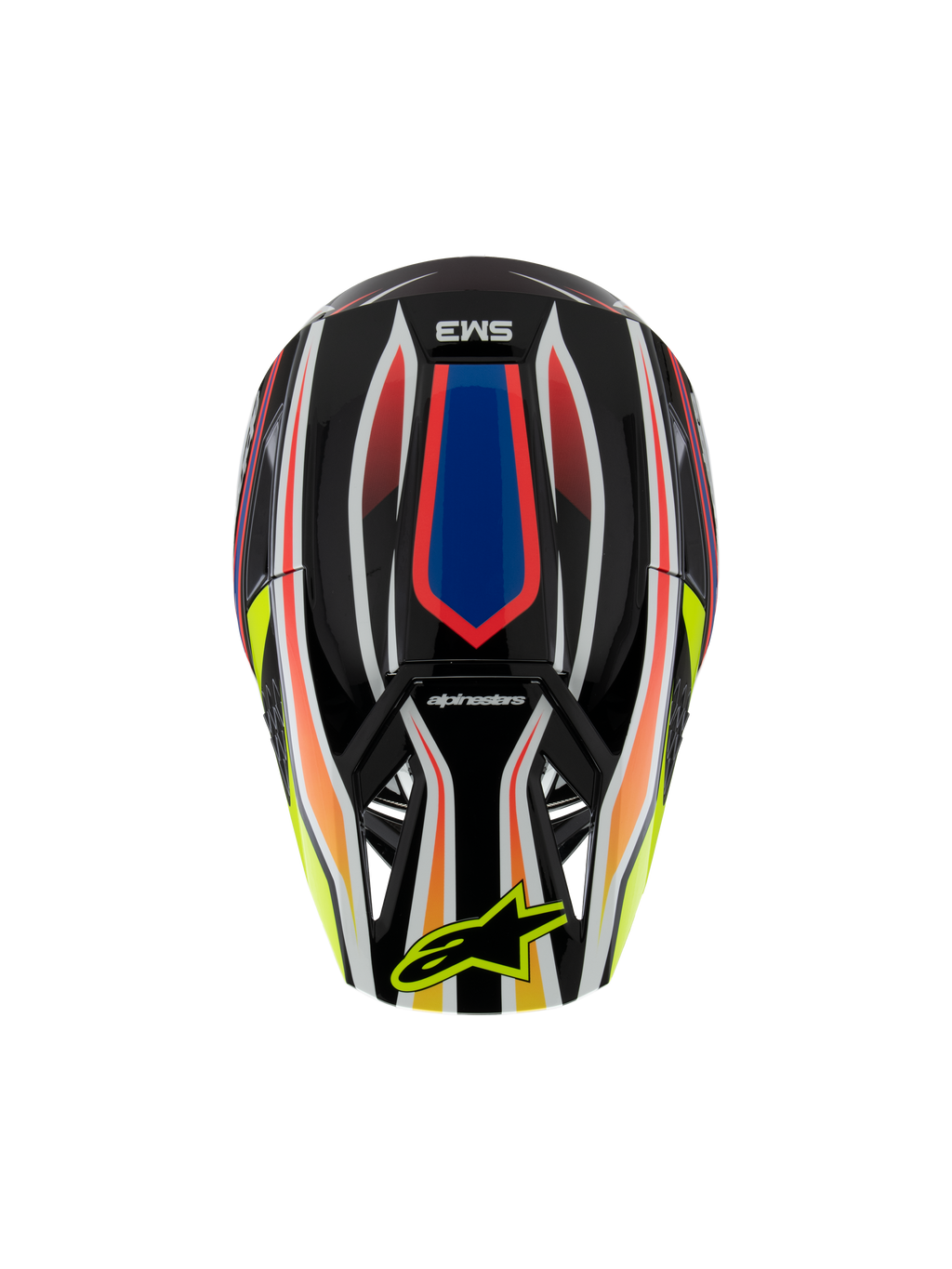 Alpinestars S-M3 Youth Wurx Helmet ECE 22.06, kask motocrossowy, czarny z intensywną czerwoną, niebieską i żółtą grafiką, widok z góry z logo SM3 i żółtym logo Alpinestars na daszku, ochronny sprzęt off-road