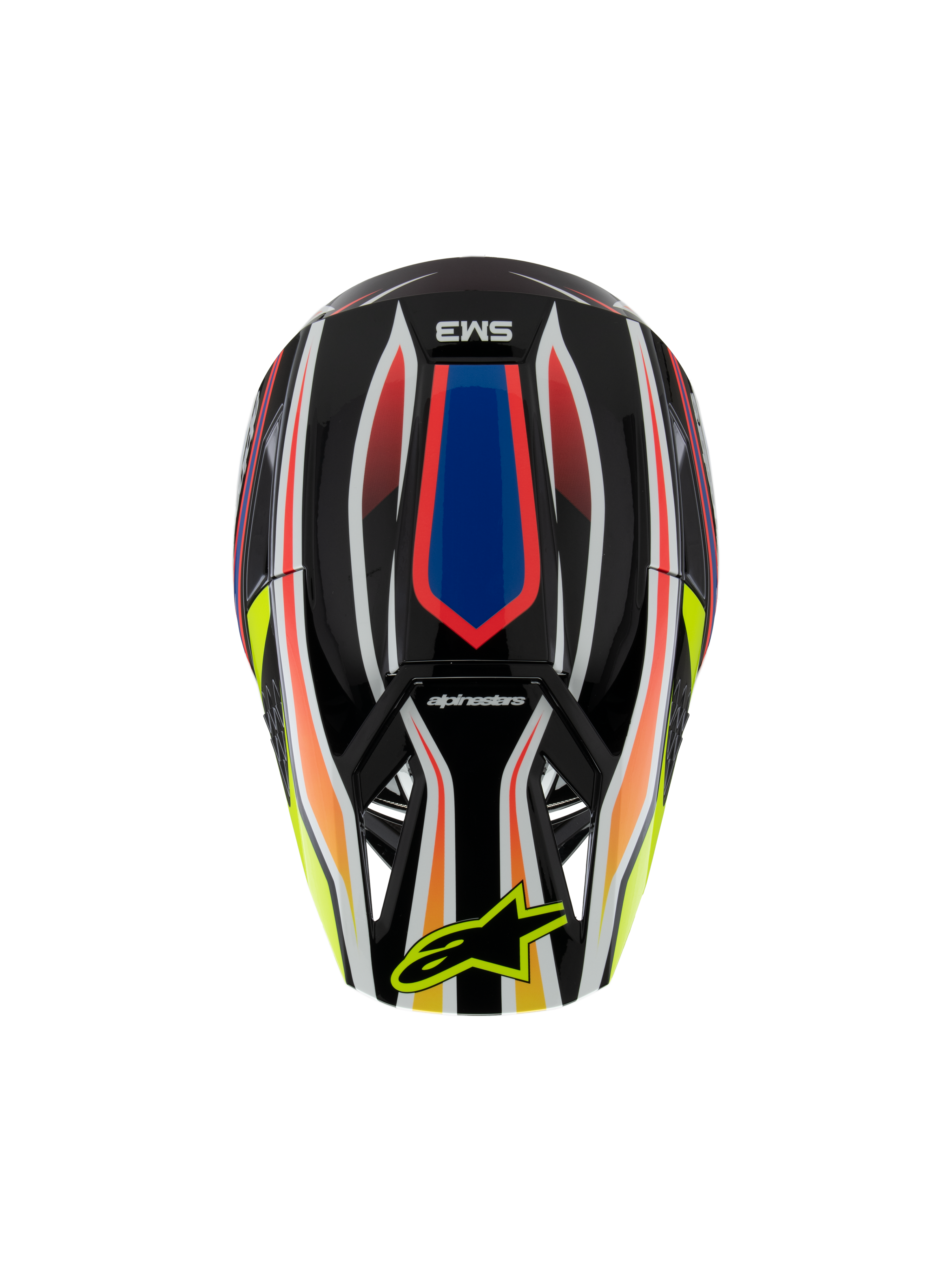 Alpinestars S-M3 Youth Wurx Helmet ECE 22.06, kask motocrossowy, czarny z intensywną czerwoną, niebieską i żółtą grafiką, widok z góry z logo SM3 i żółtym logo Alpinestars na daszku, ochronny sprzęt off-road