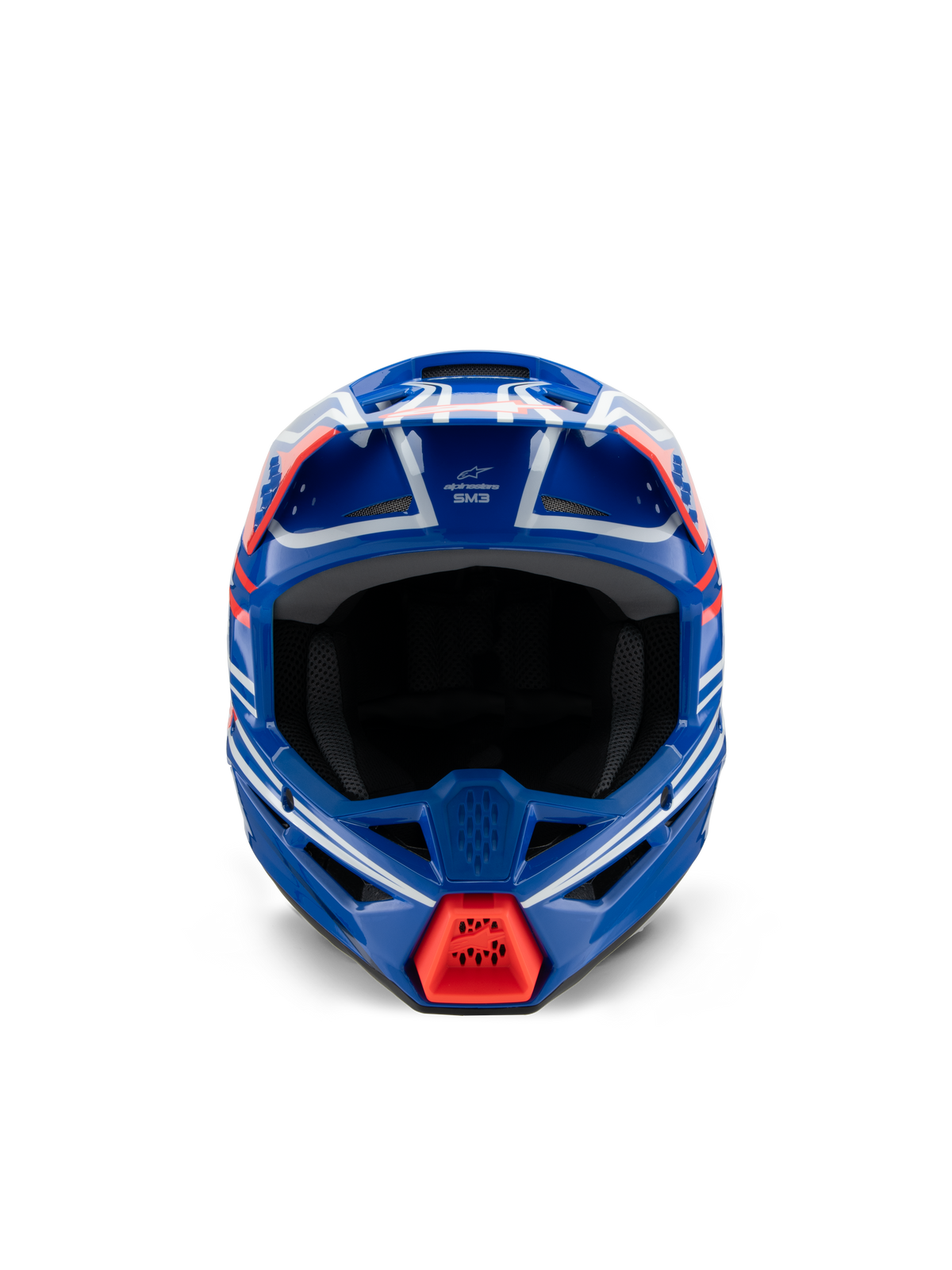 Alpinestars S-M3 Youth Wurx Helmet ECE 22.06, kask motocrossowy, niebieski, czerwony, biały i czarny z połyskiem, widok z przodu, posiada aerodynamiczną skorupę, otwory wentylacyjne i jaskrawoczerwony wlot powietrza na osłonie podbródka, zaprojektowany do młodzieżowych wyścigów off-road