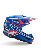 Alpinestars S-M3 Youth Wurx Helmet, Motocross Youth Helmet, Blue with Red and White graphics, side profile featuring aerodynamic visor, ventilation slots, and star logo, glossy finish, ECE 22.06 certified