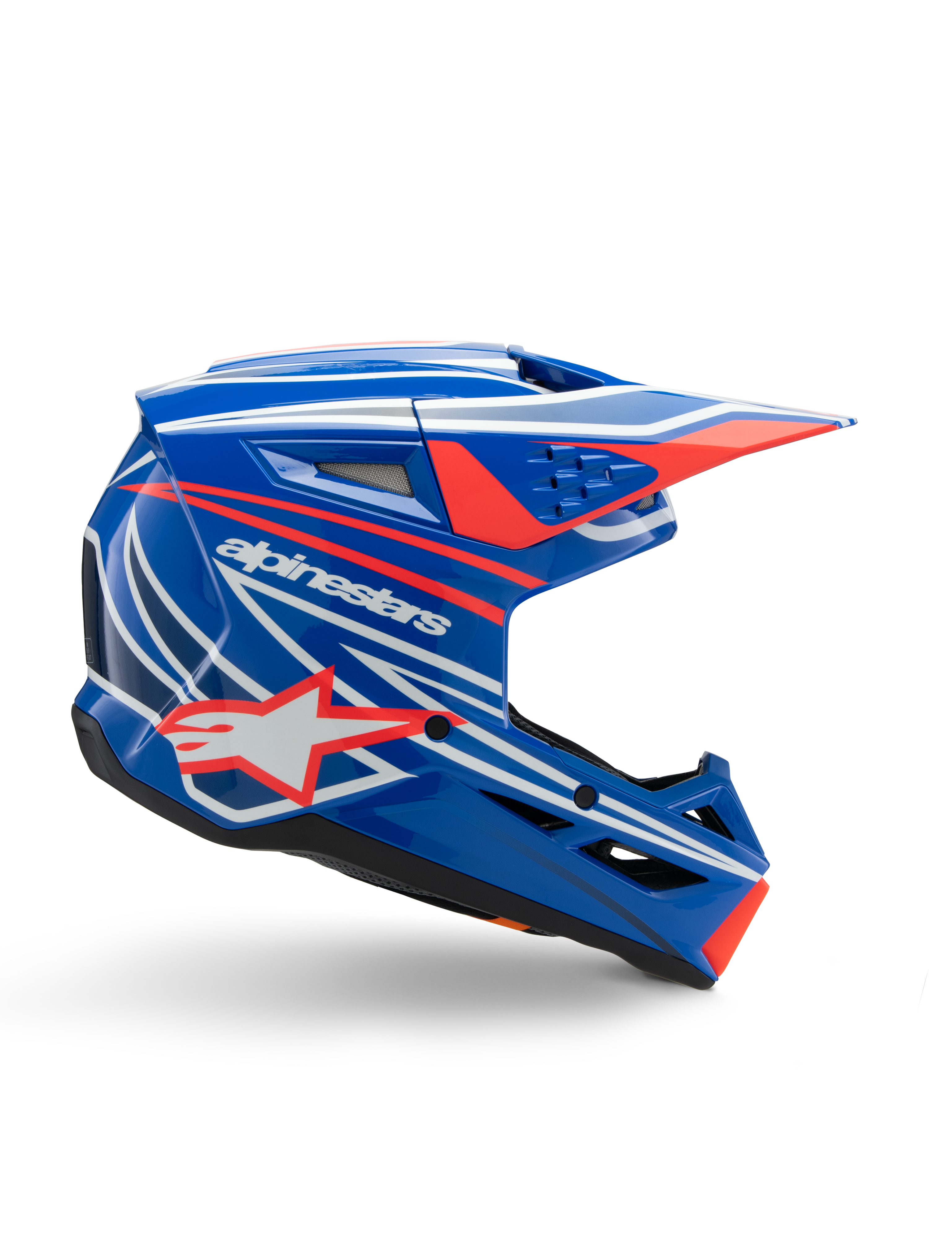 Alpinestars S-M3 Youth Wurx Helmet, młodzieżowy kask motocrossowy, niebieski z czerwono-białą grafiką, profil boczny z aerodynamicznym wizjerem, otworami wentylacyjnymi i logo gwiazdy, błyszczące wykończenie, certyfikat ECE 22.06