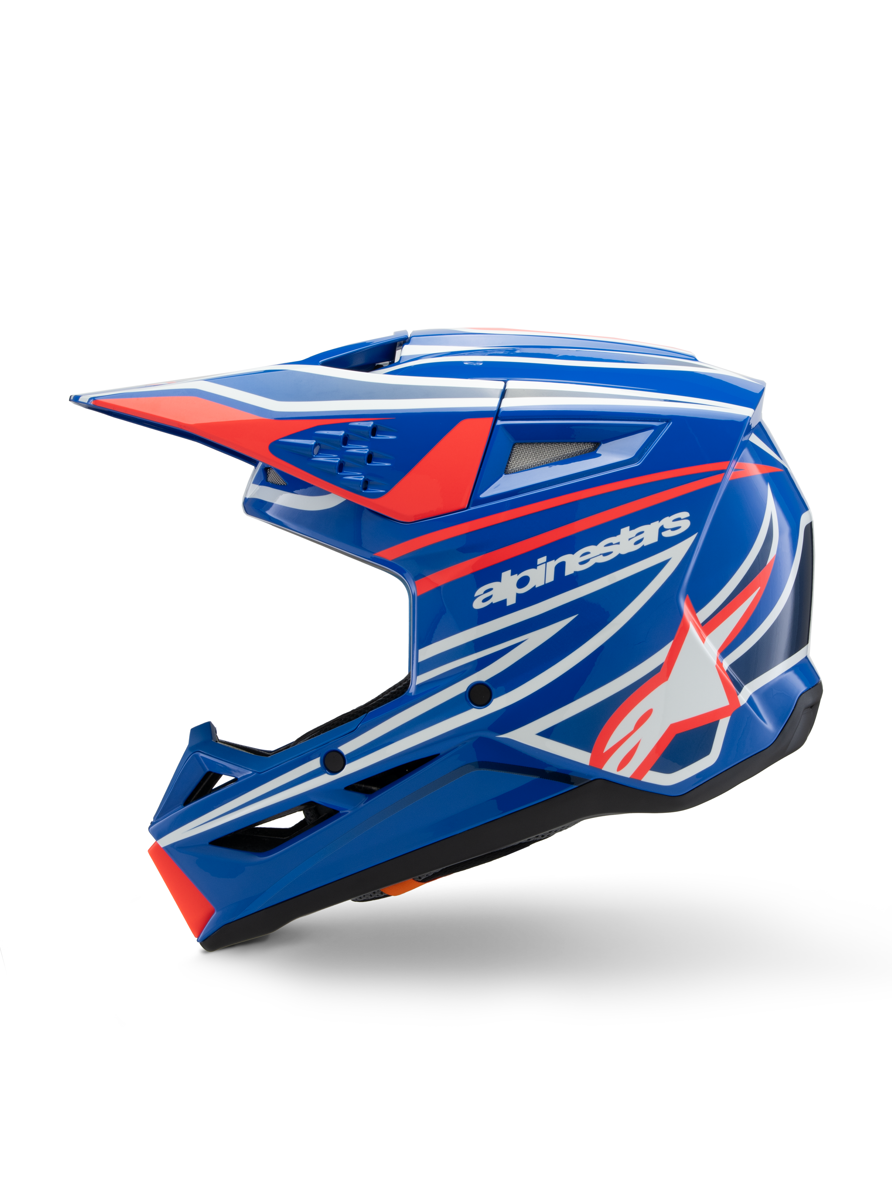 Alpinestars S-M3 Youth Wurx Helmet, Motocross Helmet, Blue Red White and Black Glossy, featuring bold graphics with the Alpinestars logo and star, side profile view with aerodynamic vents and integrated visor, off-road racing gear
